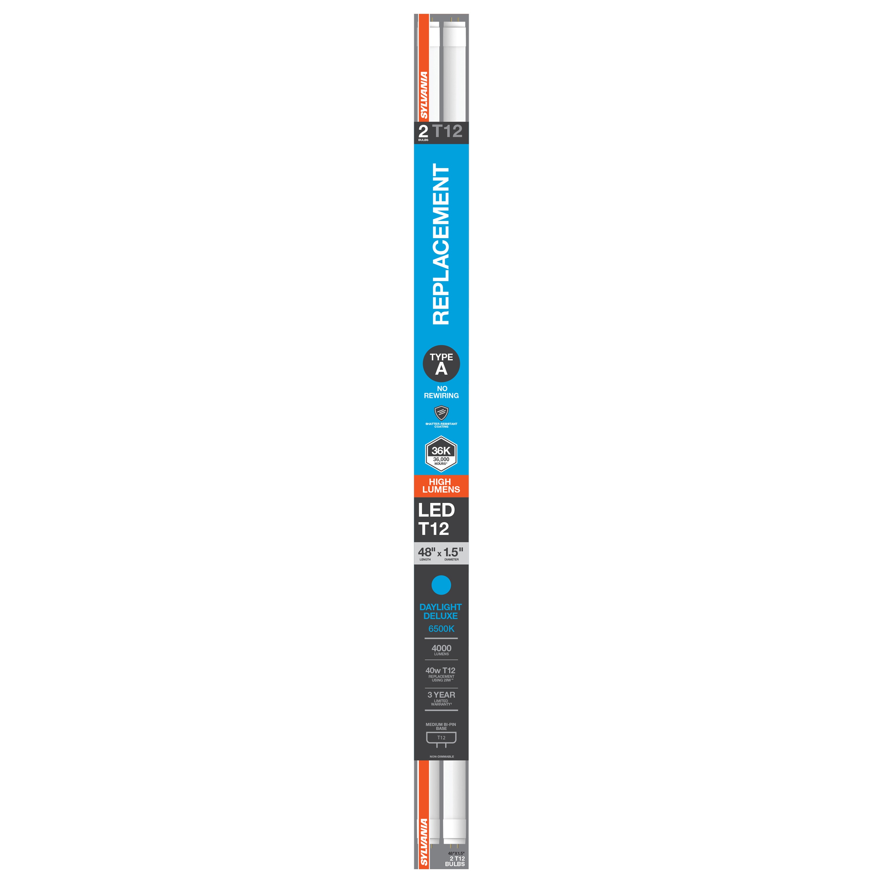 SYLVANIA 40 -Watt EQ T12 Daylight Medium bi-pin base G13 LED Tube Light Bulb 2 -Pack