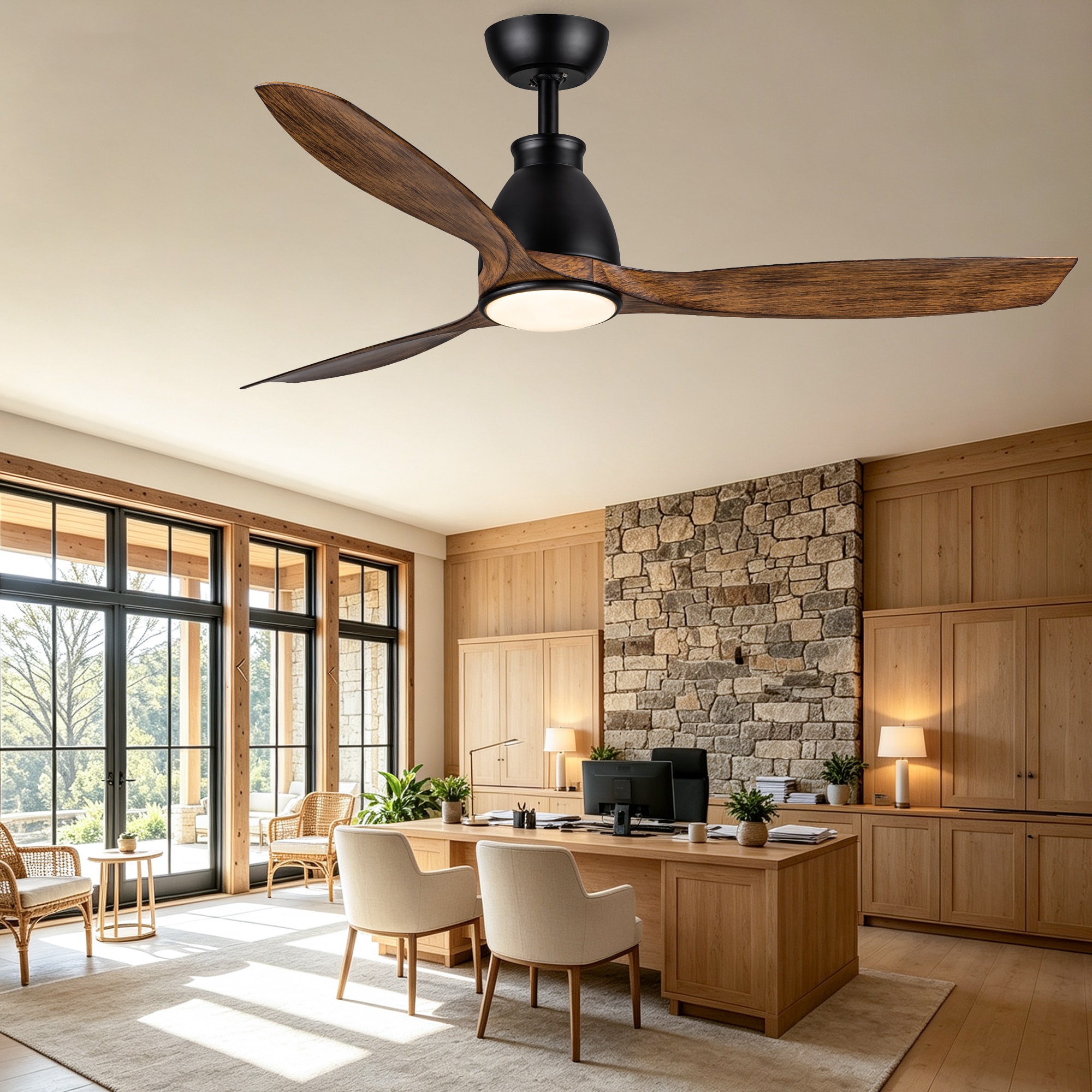 YOTOO 52 Inch 3 Solid Wood Blades Low Profile Ceiling Fan with Light Black and Yellow Wood Grain Finish DC Motor Remote Control 6 Speed Reversible Dimmable LED 1H 3H 6H Timer for Living Room Bedroom Farmhouse