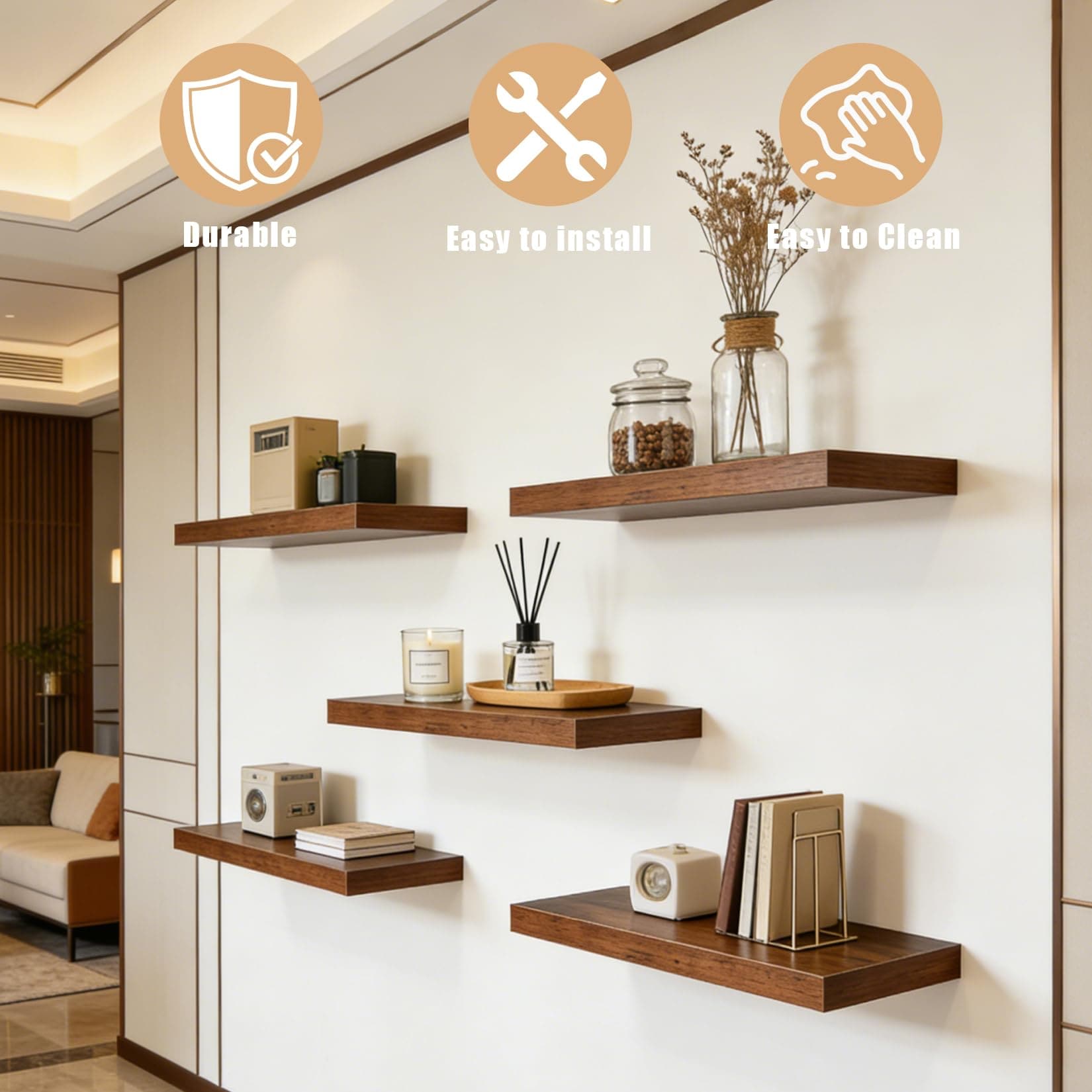 Garvee 5 Piece Rustic Brown Floating Wall Shelves. Wall Mounted Shelves