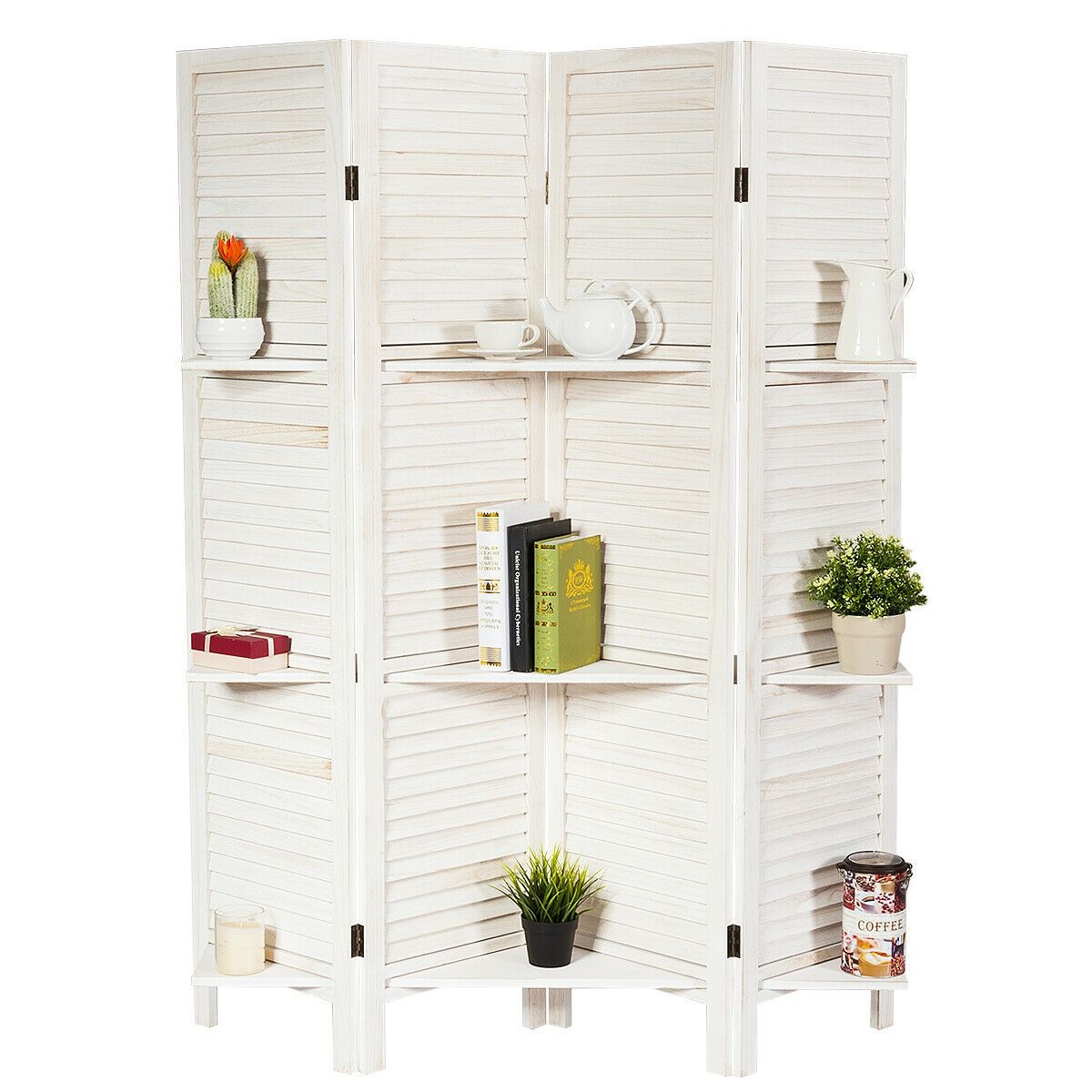 Slickblue 3-Panel White Paulownia Folding Room Divider with 3 Storage Shelves for Books Plants and Decor in Bedroom Living Area