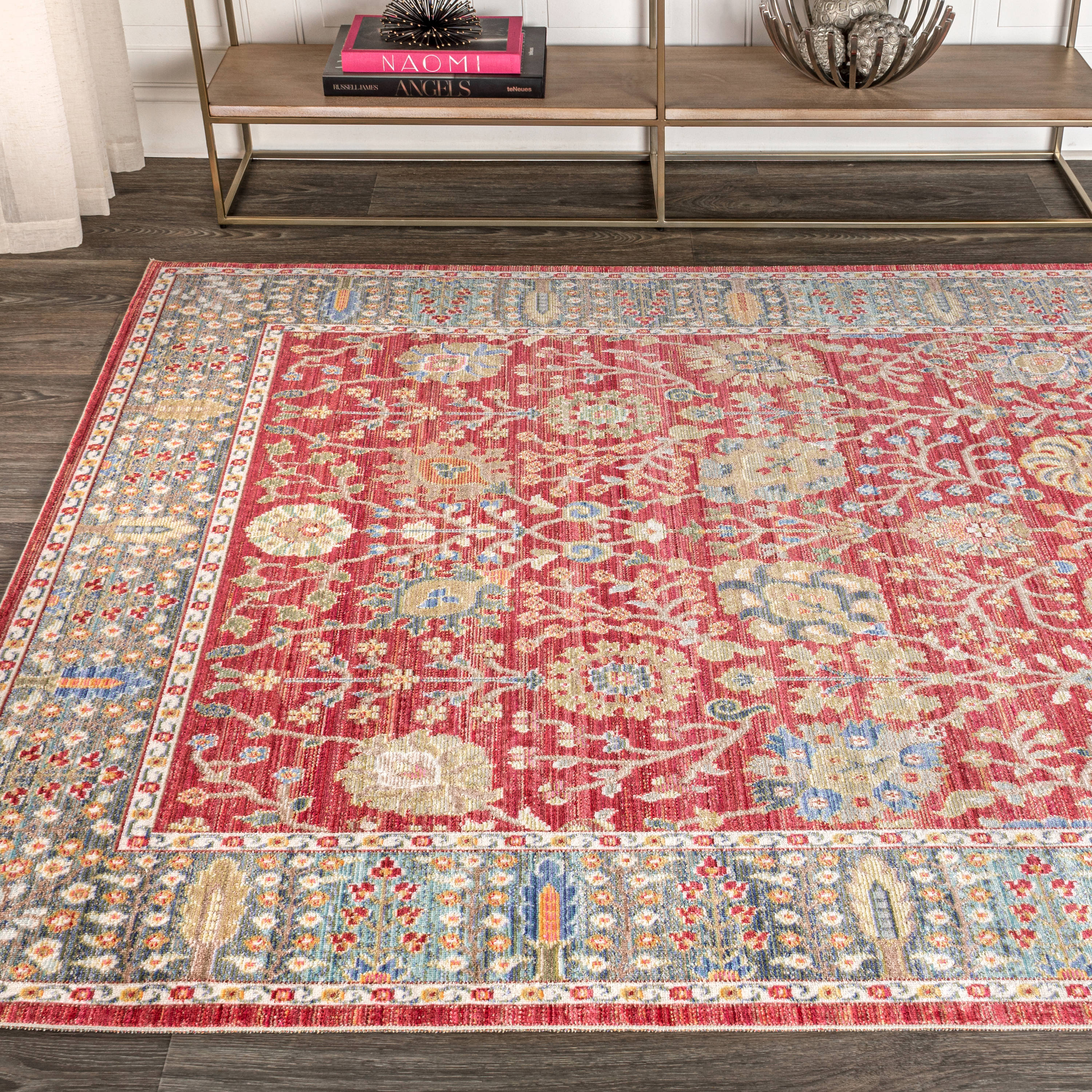 Burgundy and Light Blue Synthetic Floral Area Rug