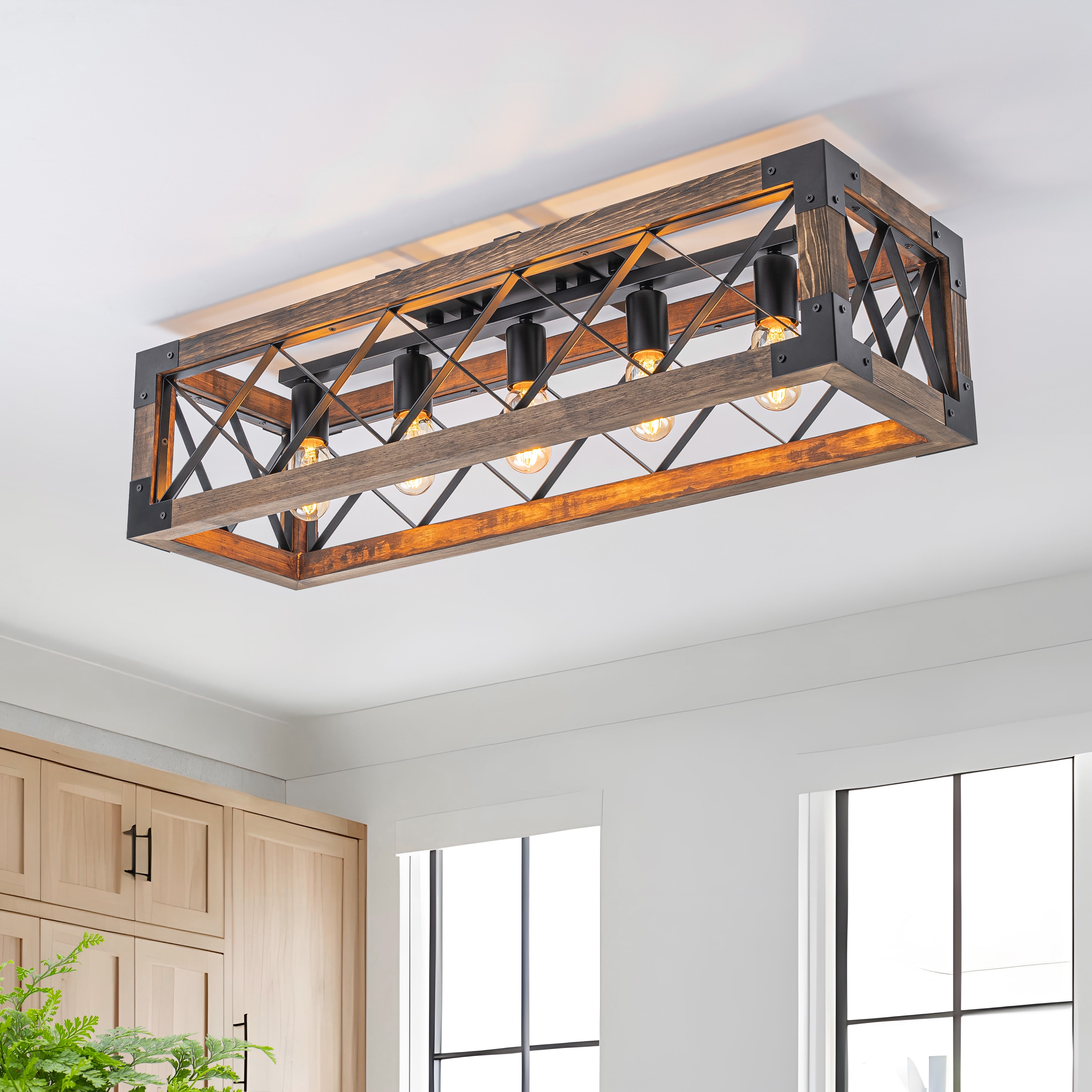 GoYeel 31.5-in Brown Indoor 5 -Light Flush Mount Light Wood Shade