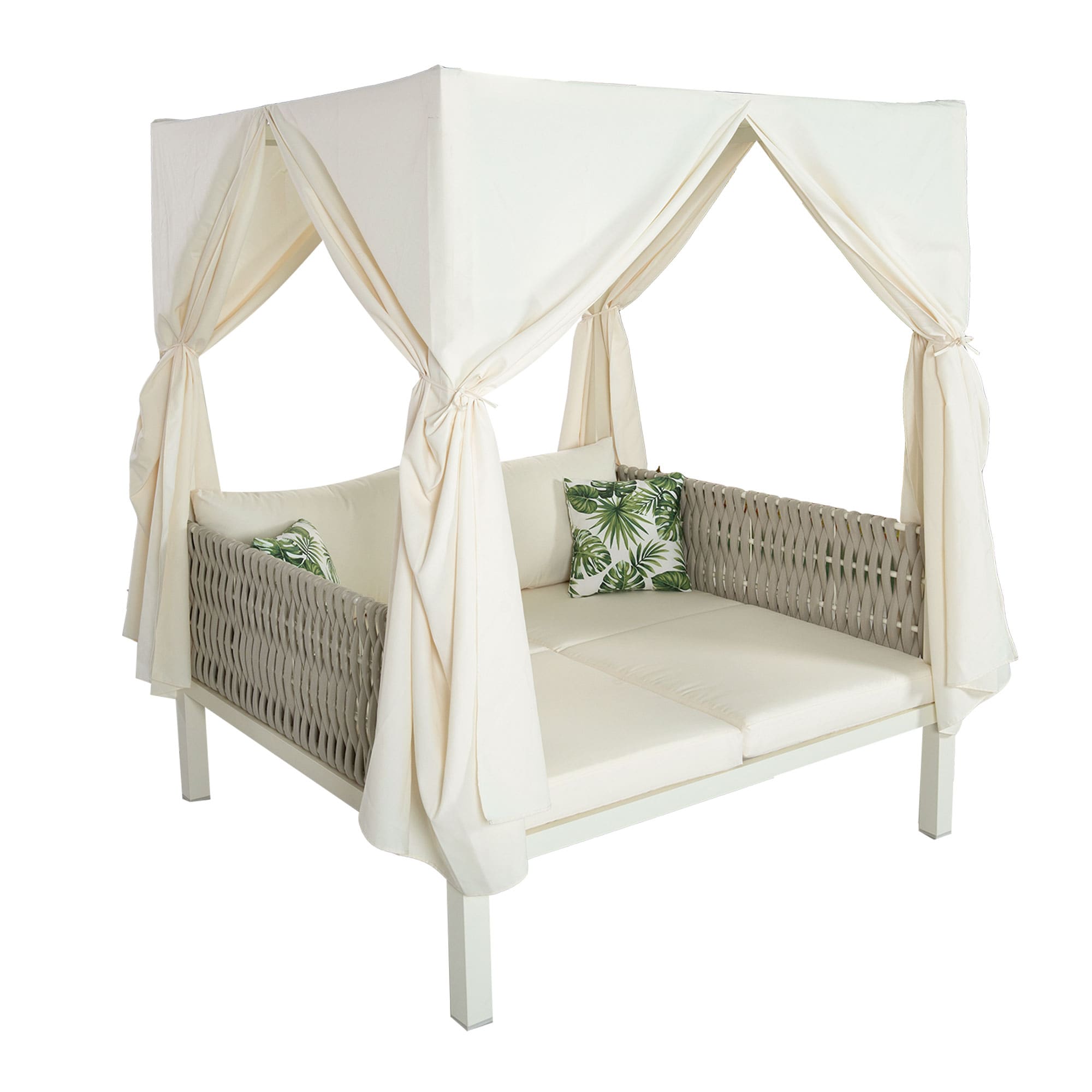 ModernLuxe L-WY000395AAA Outdoor Patio Sunbed with Curtains Woven Outdoor Daybed with Beige Cushions and Iron Frame