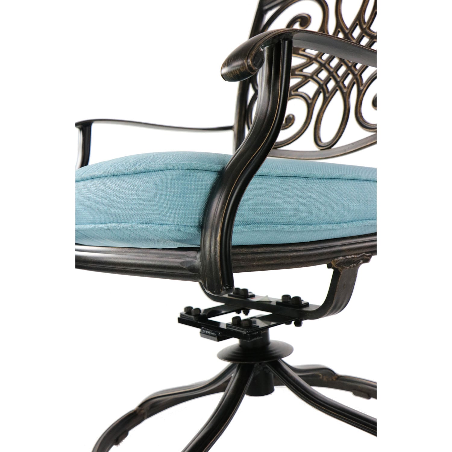 Bronze Cast Aluminum Round Outdoor Dining Set with Blue Cushions