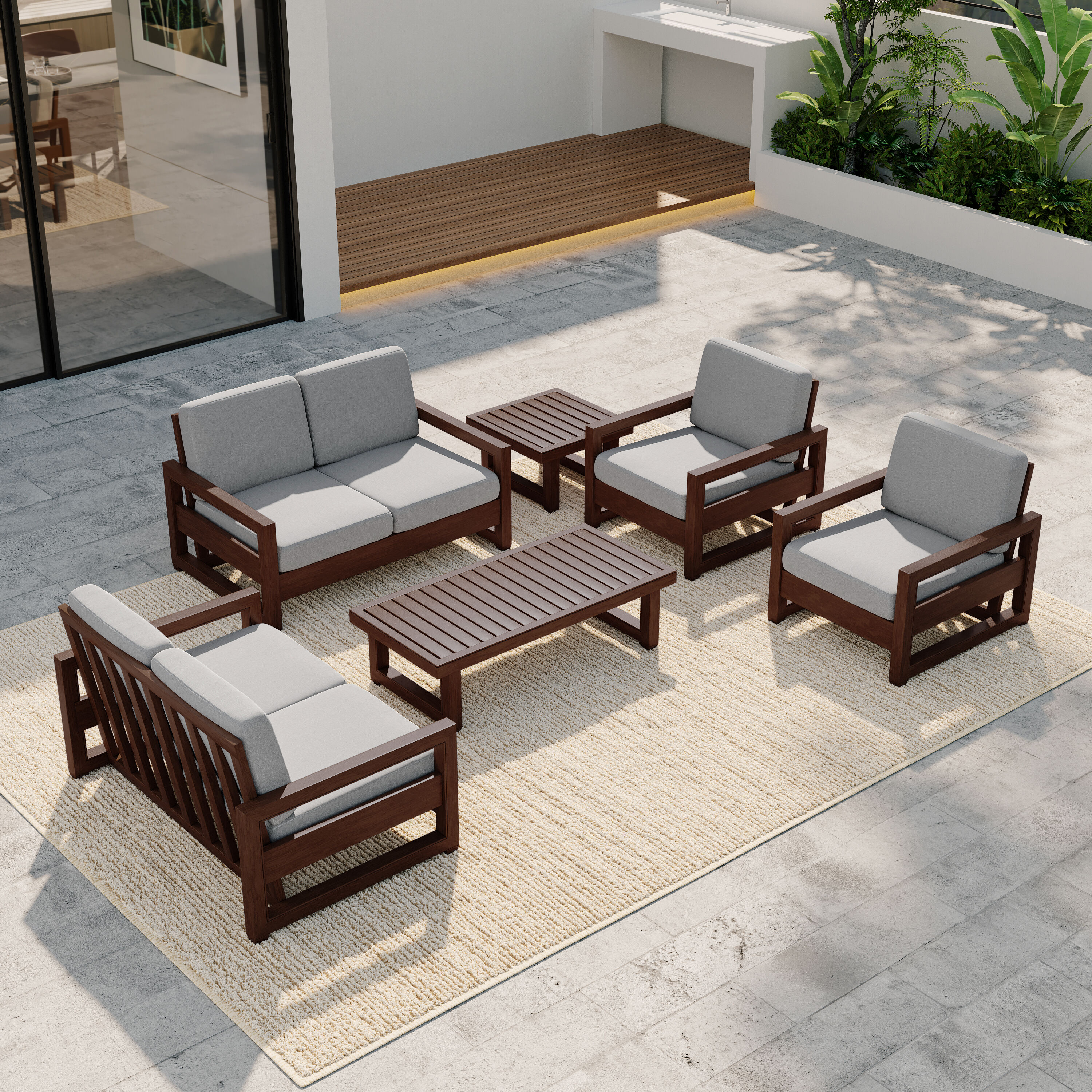 Dreamsidea AETERNA 6 Piece Patio Conversation Set 2 TEAK Loveseats 2 Chairs Coffee Side Table