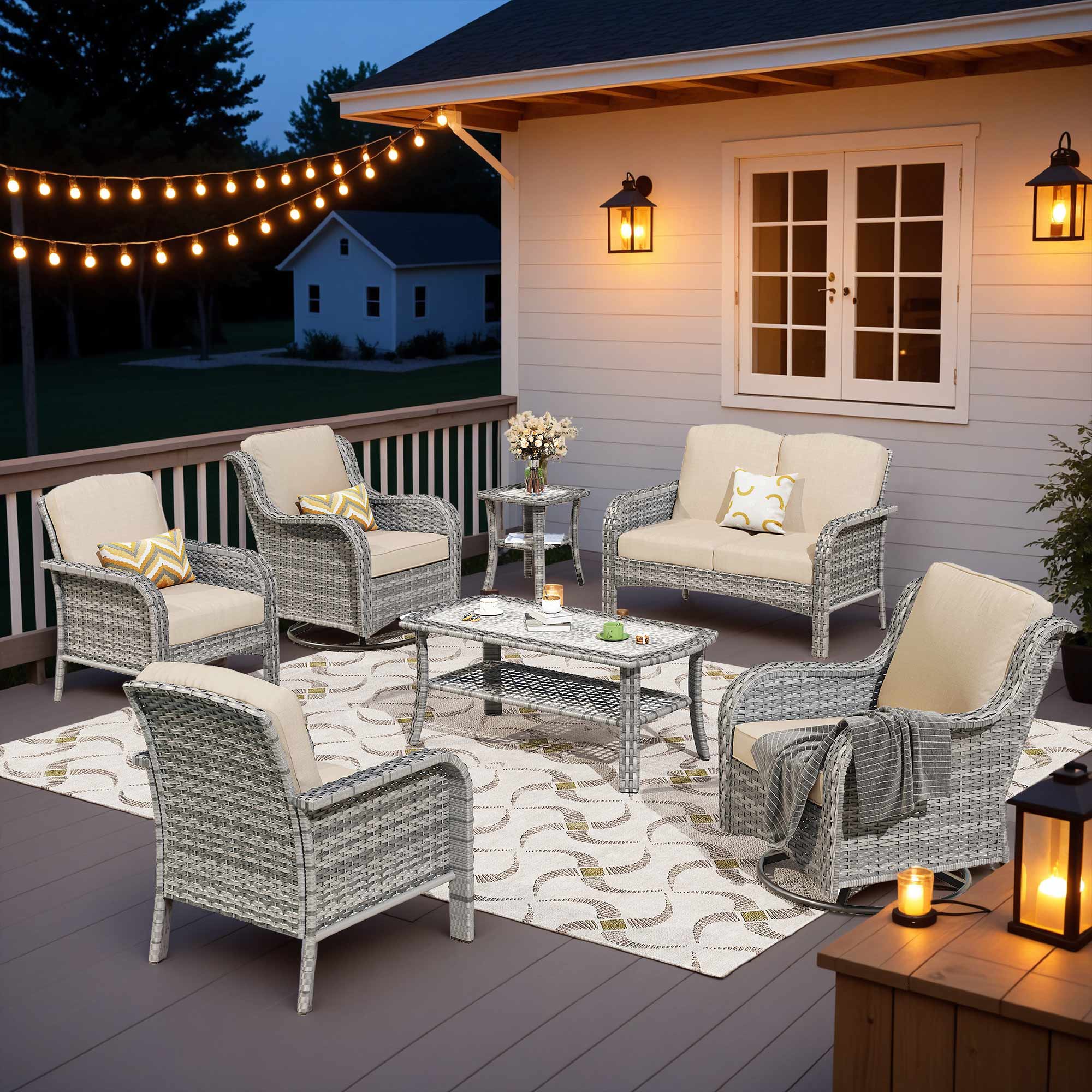 XIZZI XIGNDS6074-NTCRC3 Chrysoberyl 7 -Piece Rattan Patio Conversation Set with Beige Cushions