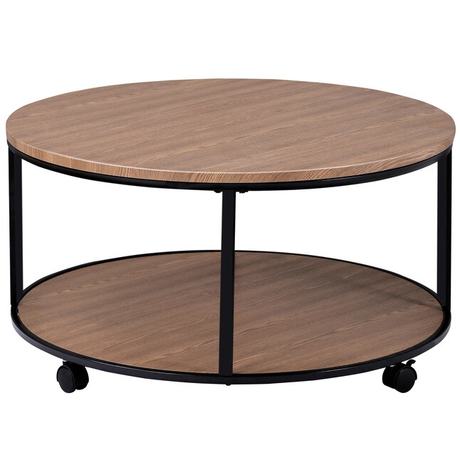 Clihome Round Coffee Tables Brown Mdf, Industrial Wagon Style Small Rustic End Table With Storage Shelf And Wheels