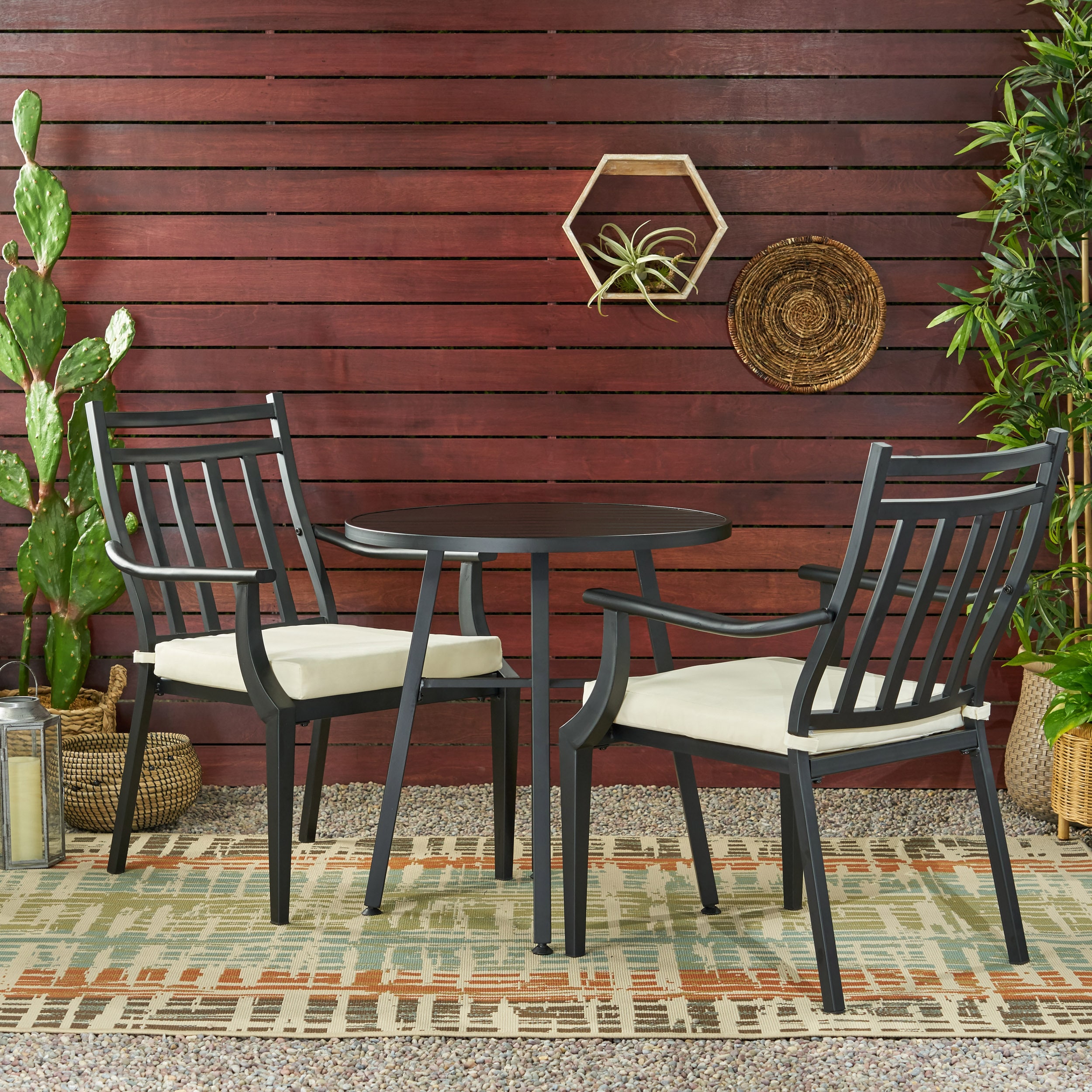 Matte Black and Beige Iron 3-Piece Outdoor Bistro Set with Cushions