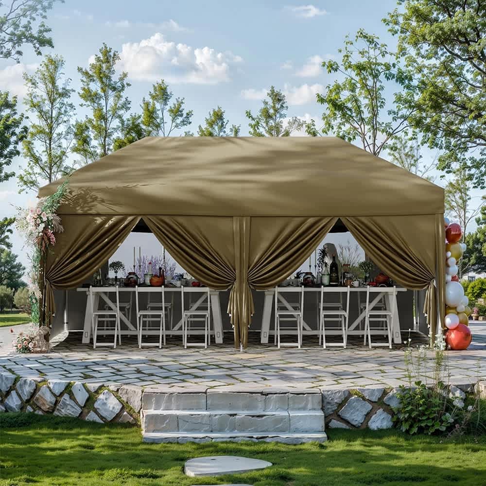 Qeetex LSHQQ-PHO-10B8YHPJ 10x20 pop up sun tent with 6 side walls  3 adjustable heights  roller bag  4 sandbags Brown