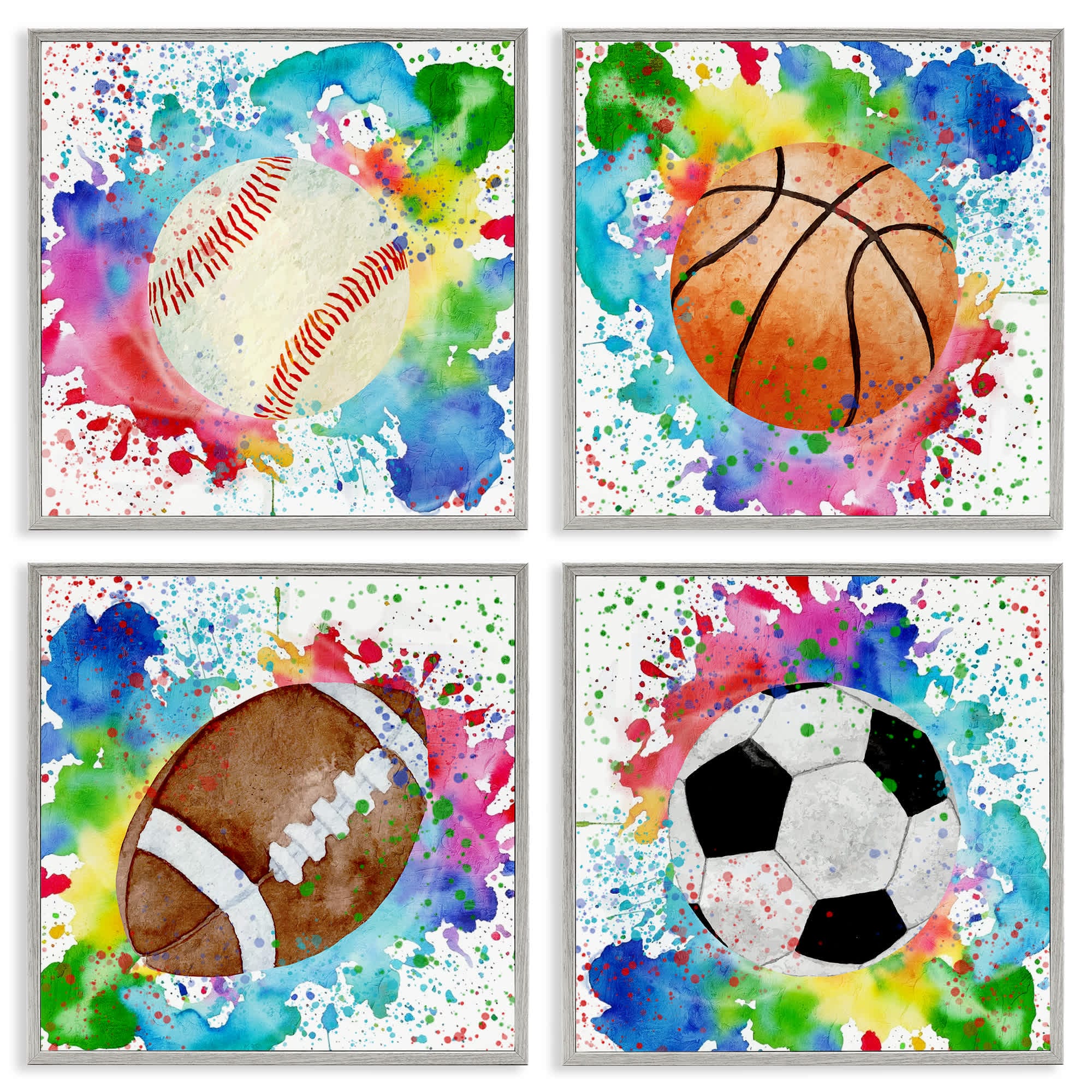Stupell Industries A4-253-GFF-4PC-17X17 Rainbow Splatter Baseball 4 Piece Gray Framed Giclee Art Set By Kim Allen 17 x 17