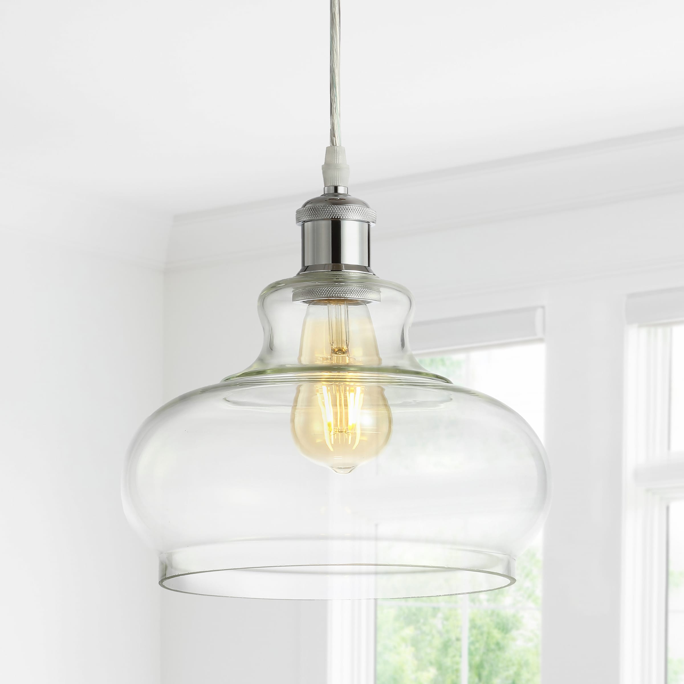 Adjustable Chrome Iron and Glass Bell Shade Pendant Light