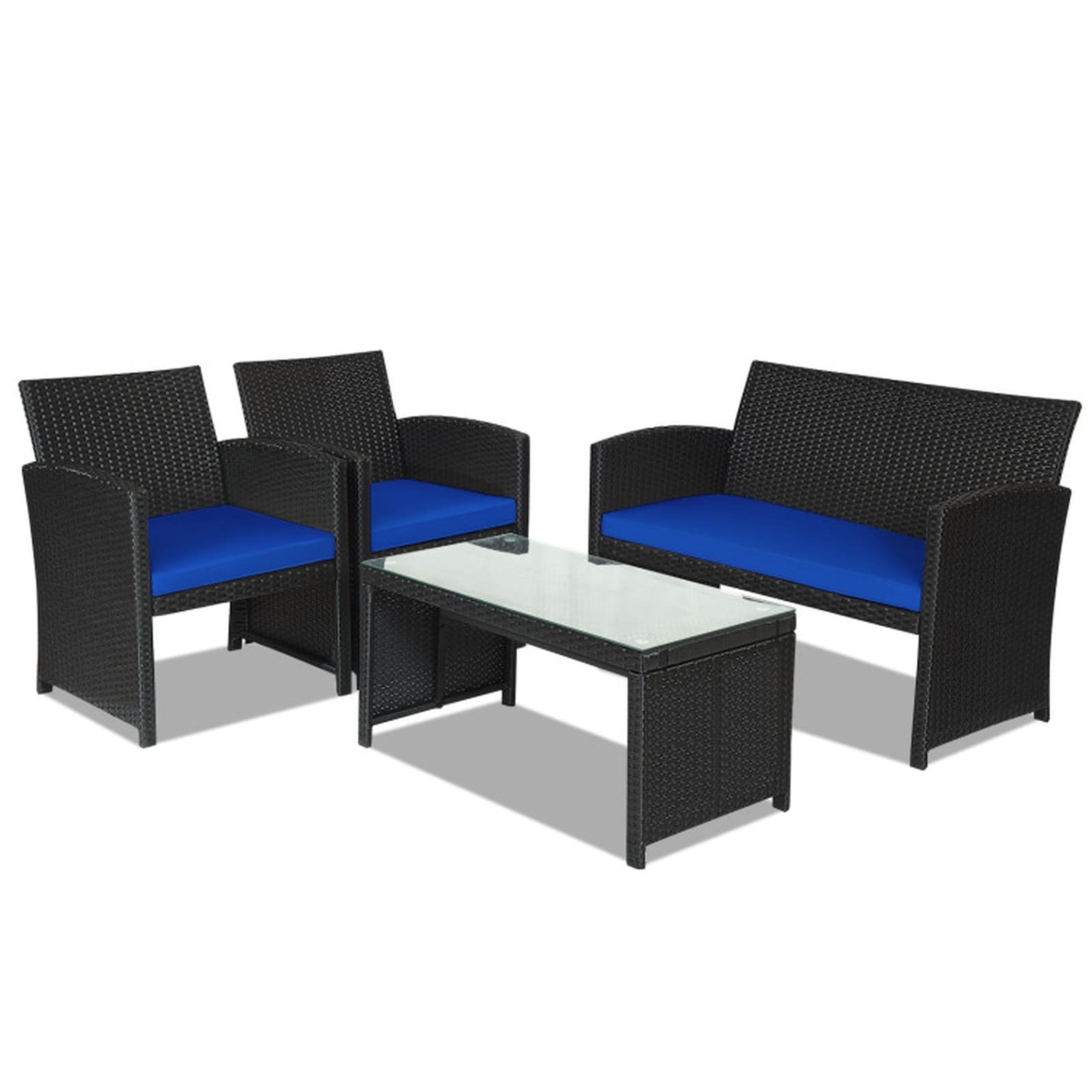4-pc Rattan Patio Furniture Set with Weather Resistant Cushions and Tempered Glass Tabletop-Navy