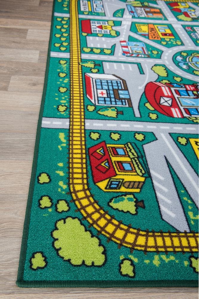 Green Synthetic Kids Educational City Life Road Area Rug 5' x 7'
