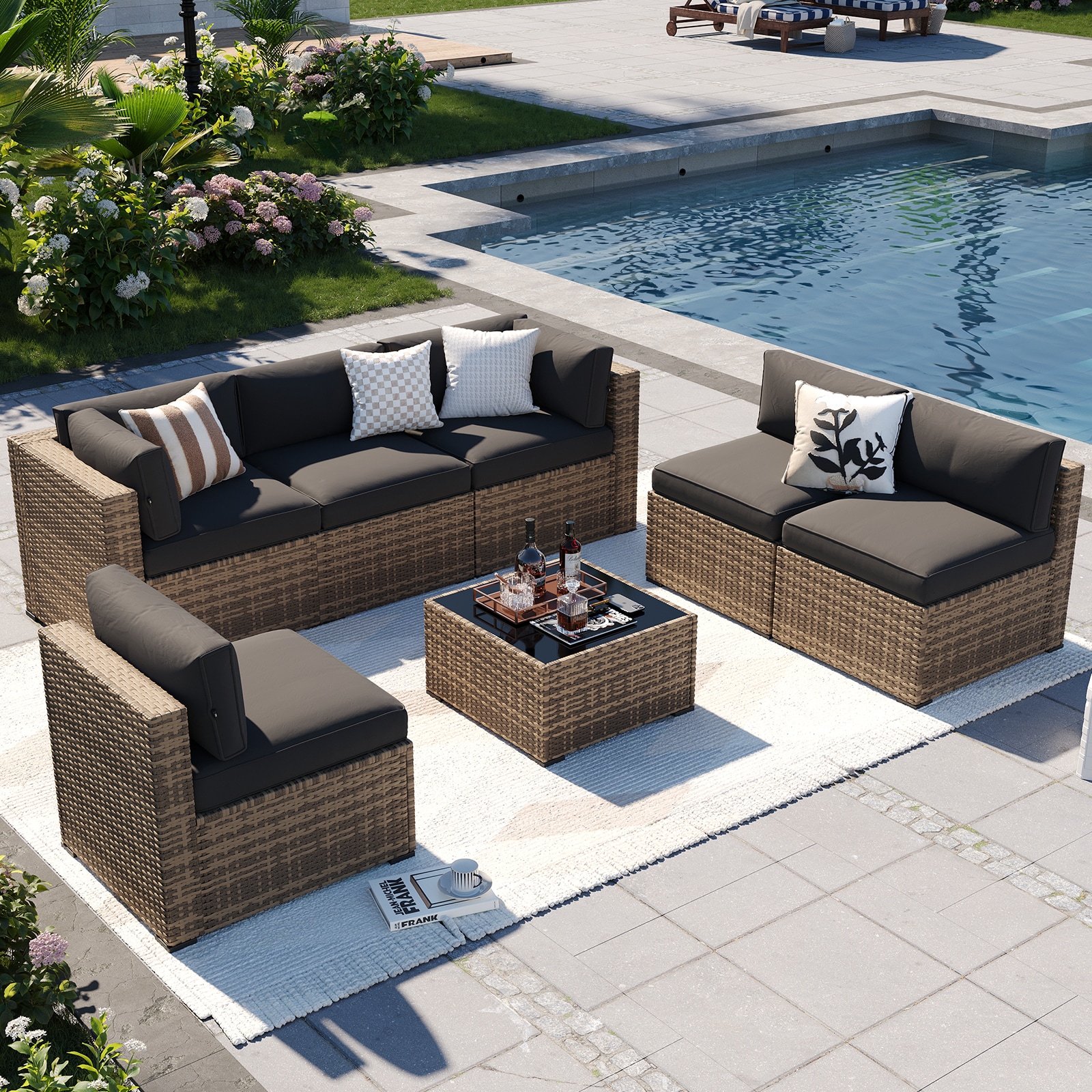 Bapipro BP3906G01 7 -Piece Rattan Patio Sofa Conversation Set with Black Cushions