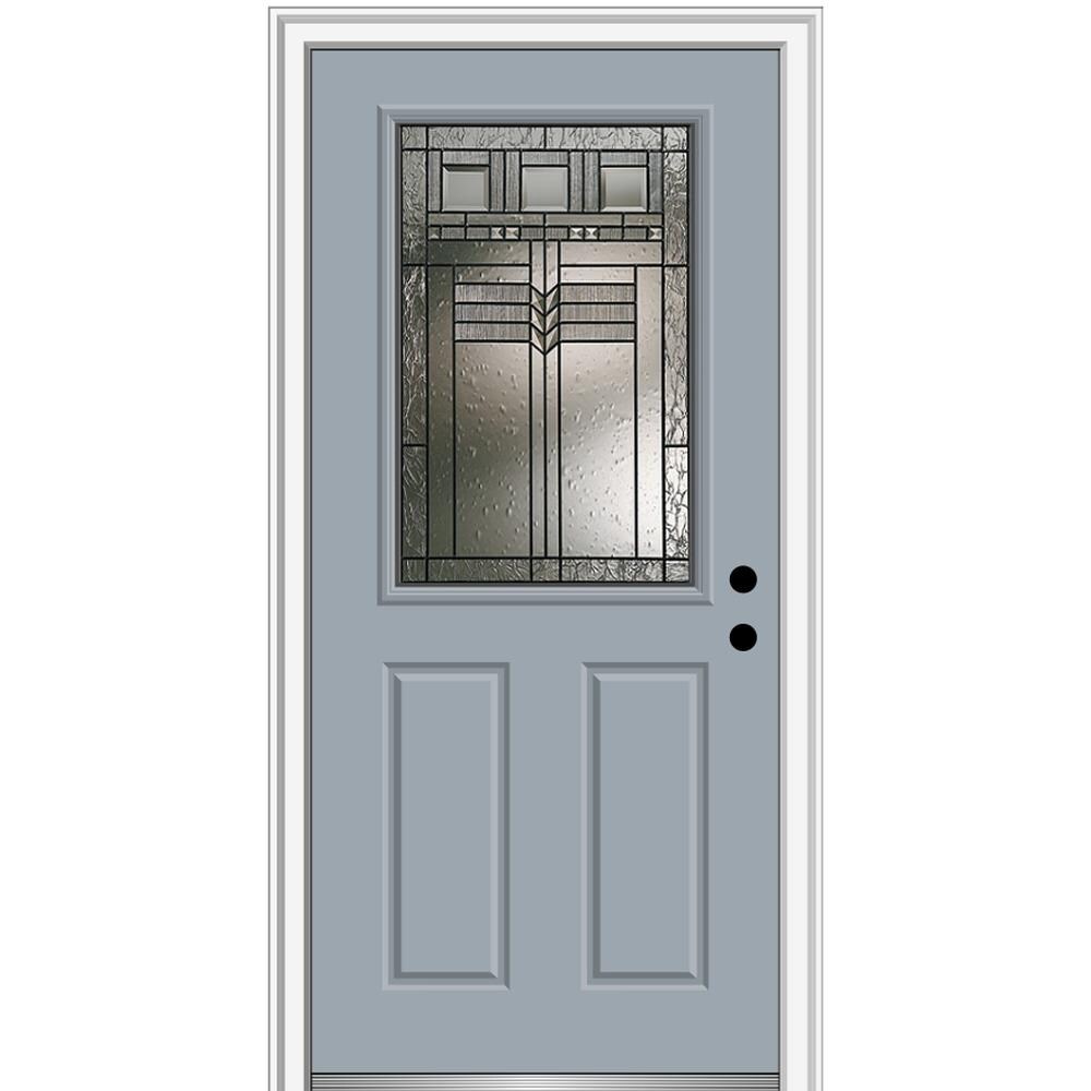 MMI DOOR ZZ3664445L 34-in x 80-in x 6-9/16-in Fiberglass Half lite Left-hand inswing Storm Cloud Painted Prehung Front Door with Brickmould Insulating core