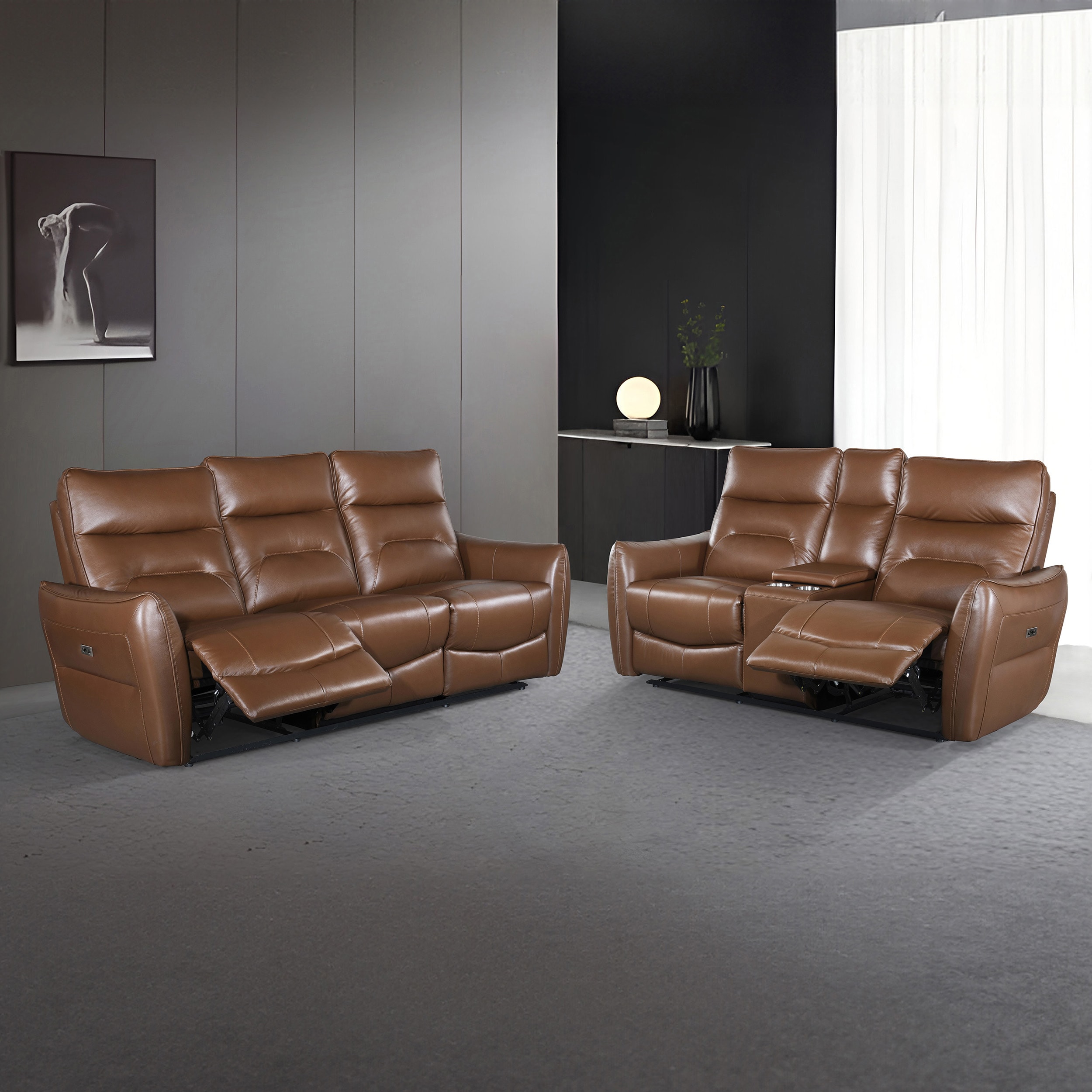Furniture of America IDF69006BRPM2PC Amanda Modern 2 -Piece Genuine leather Caramel Brown Living Room Set