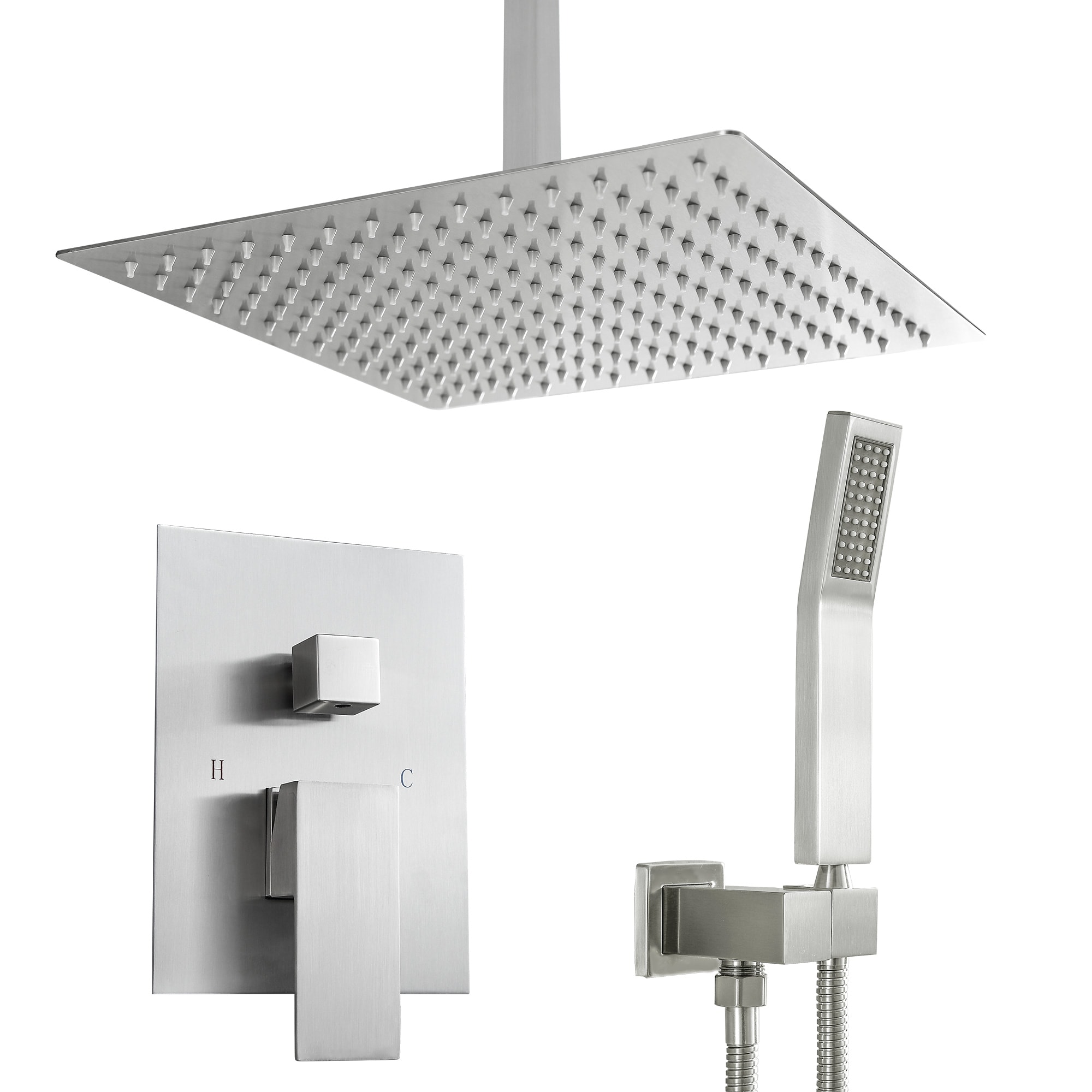 12 Inch Rainfall Square Dual Shower Heads Ceiling Mounted in Brushed ...