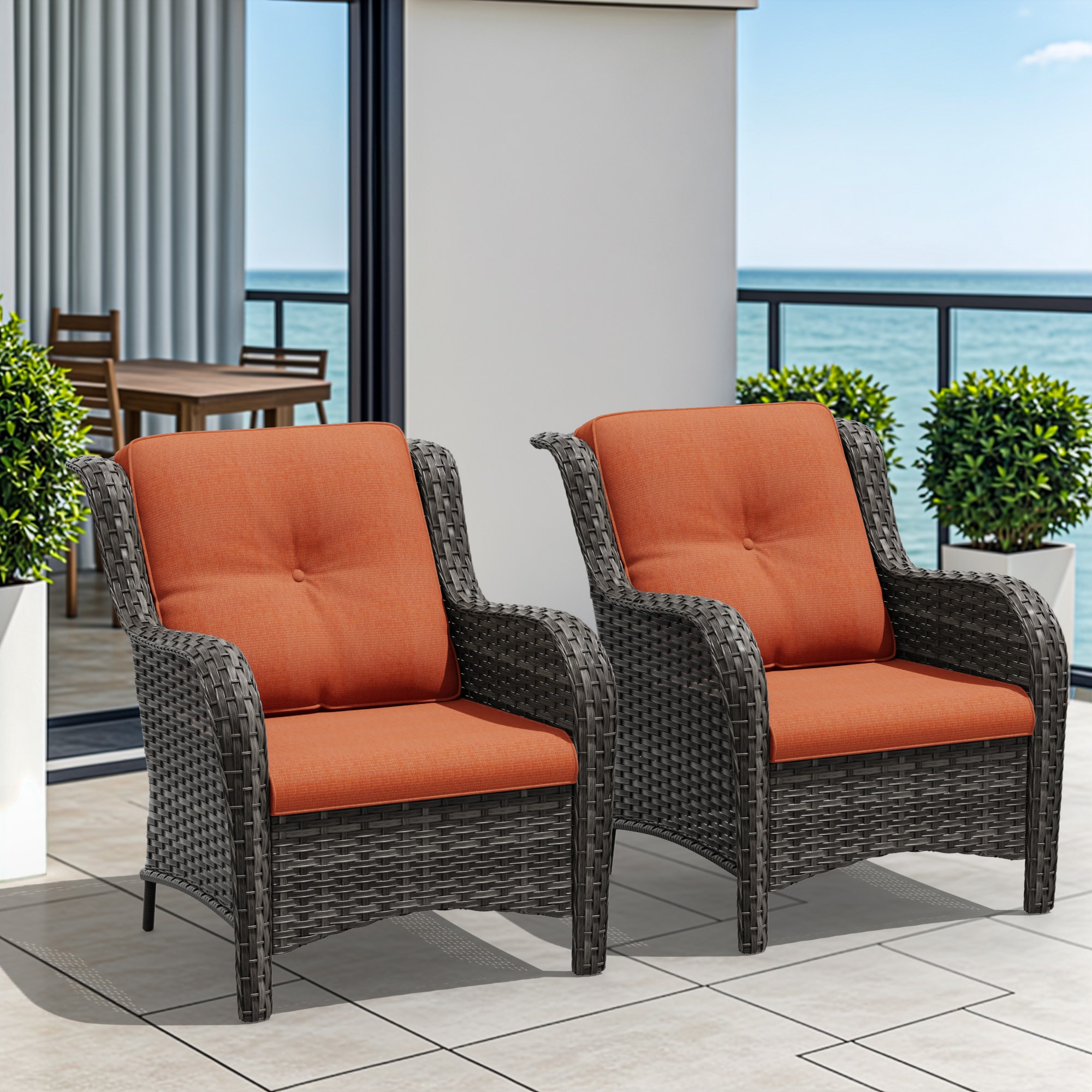 Gardenbee HGL-M08-ORG Wicker Brown Steel Frame Stationary Chaise Lounge Chair with Orange Cushioned Seat