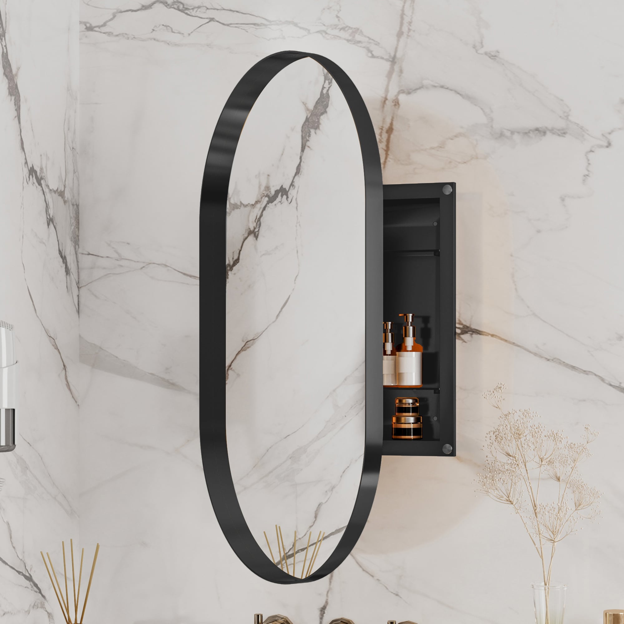 ExBrite FSMC2034MB 20-Inches x 34-Inches Surface/Recessed Mount Matte Black Mirrored Oval Medicine Cabinet