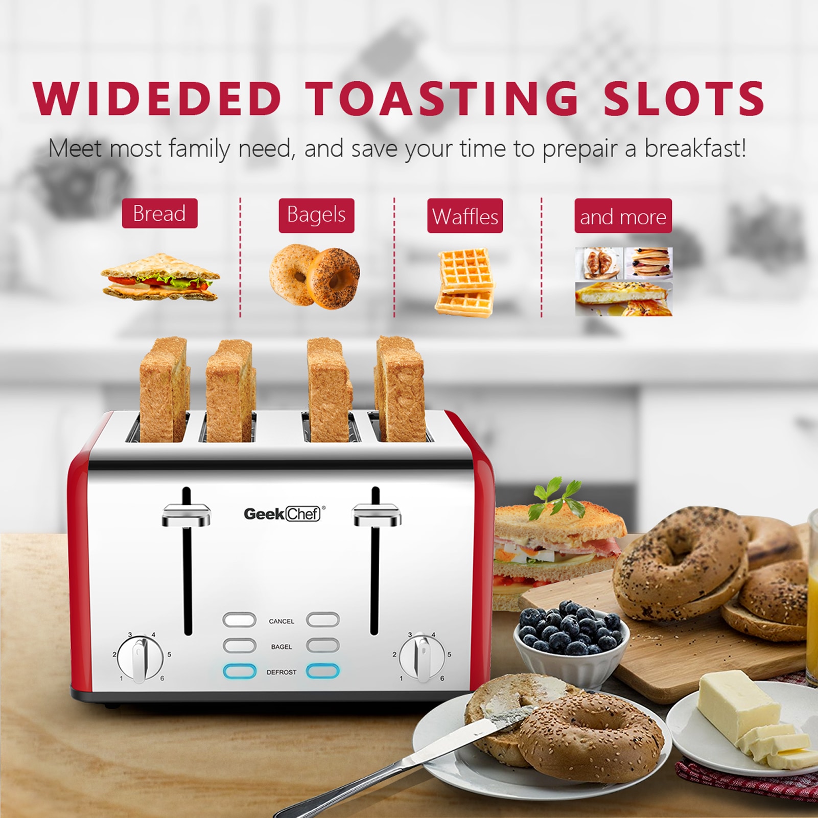 GZMR Red 4 Slice Toaster with 6 Shade Settings, Automatic Shut-Off | ETL Safety Listed | Stainless Steel | Slide-Out Crumb Tray | Bagel & Defrost