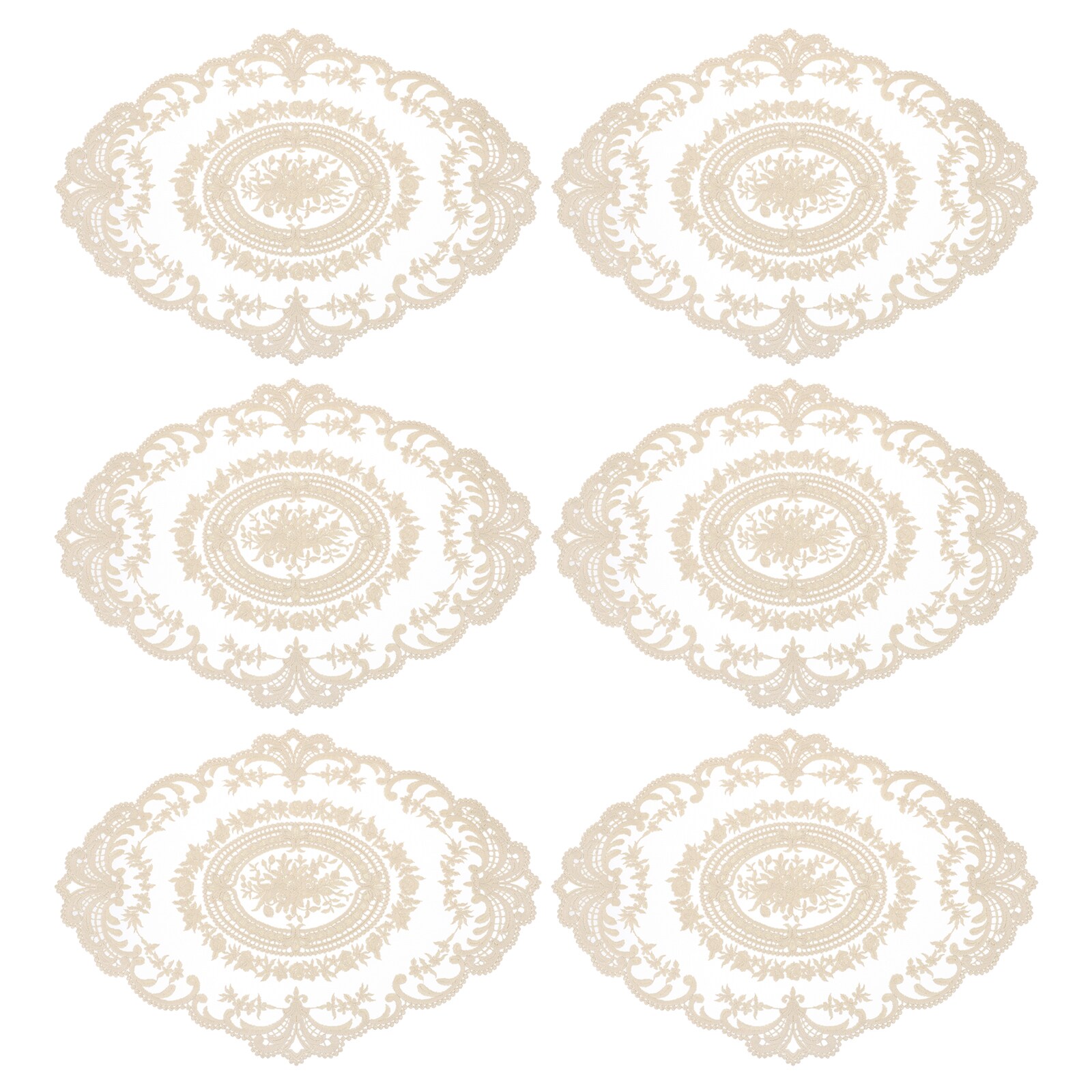 Unique Bargains 6pcs Retro Lace Placemat 12x16-in Oval Embroidered Table Place Mats French Crochet Doilies Coasters Cup Mat for Home Wedding Pure Dark Beige