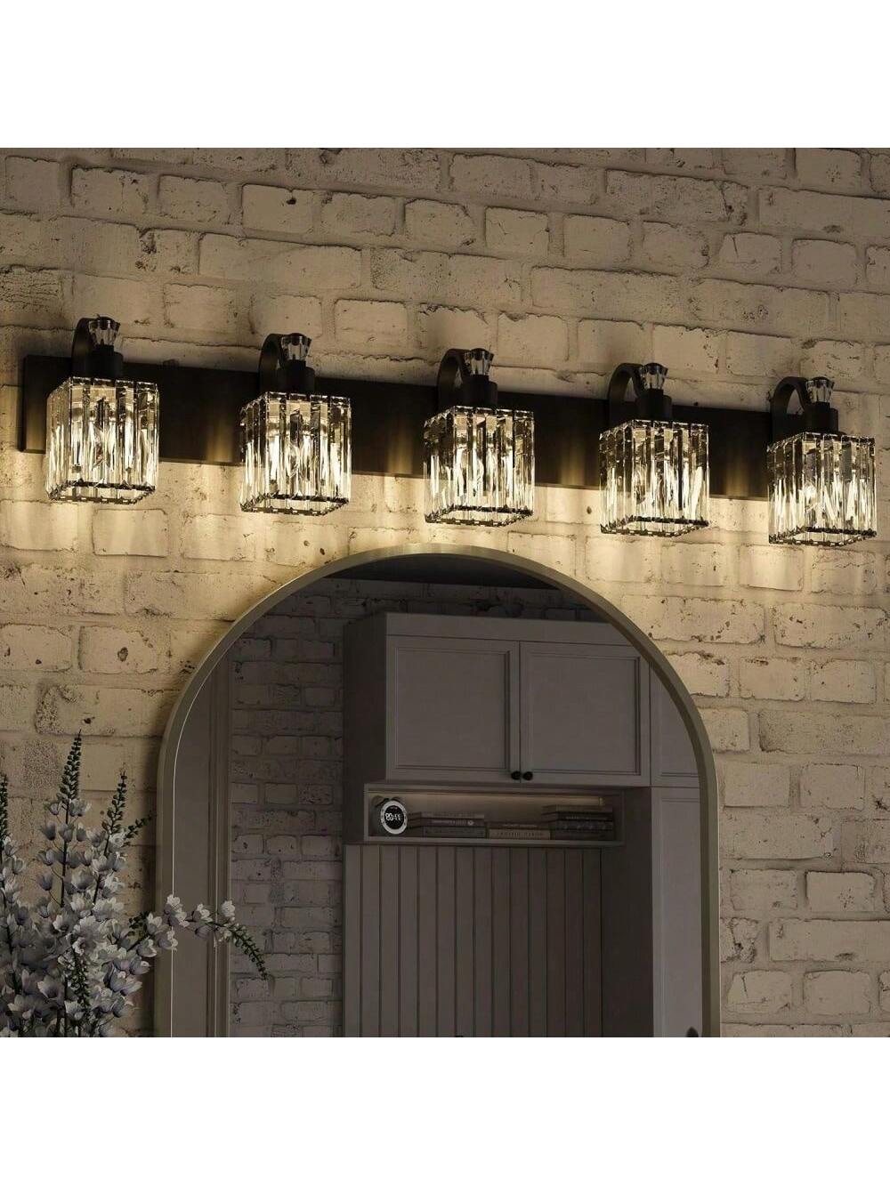 Qeetex PHO-153BHM0L-HF4 5 lamp Modern Crystal Bathroom Vanity Lamp with Glass Cover. Bathroom Mirror Front Lamp. Mirrored Crystal Vanity Shower Lamp for Bedroom. Bathroom. Kitchen. Living Room. Outdoor Garden Lamp