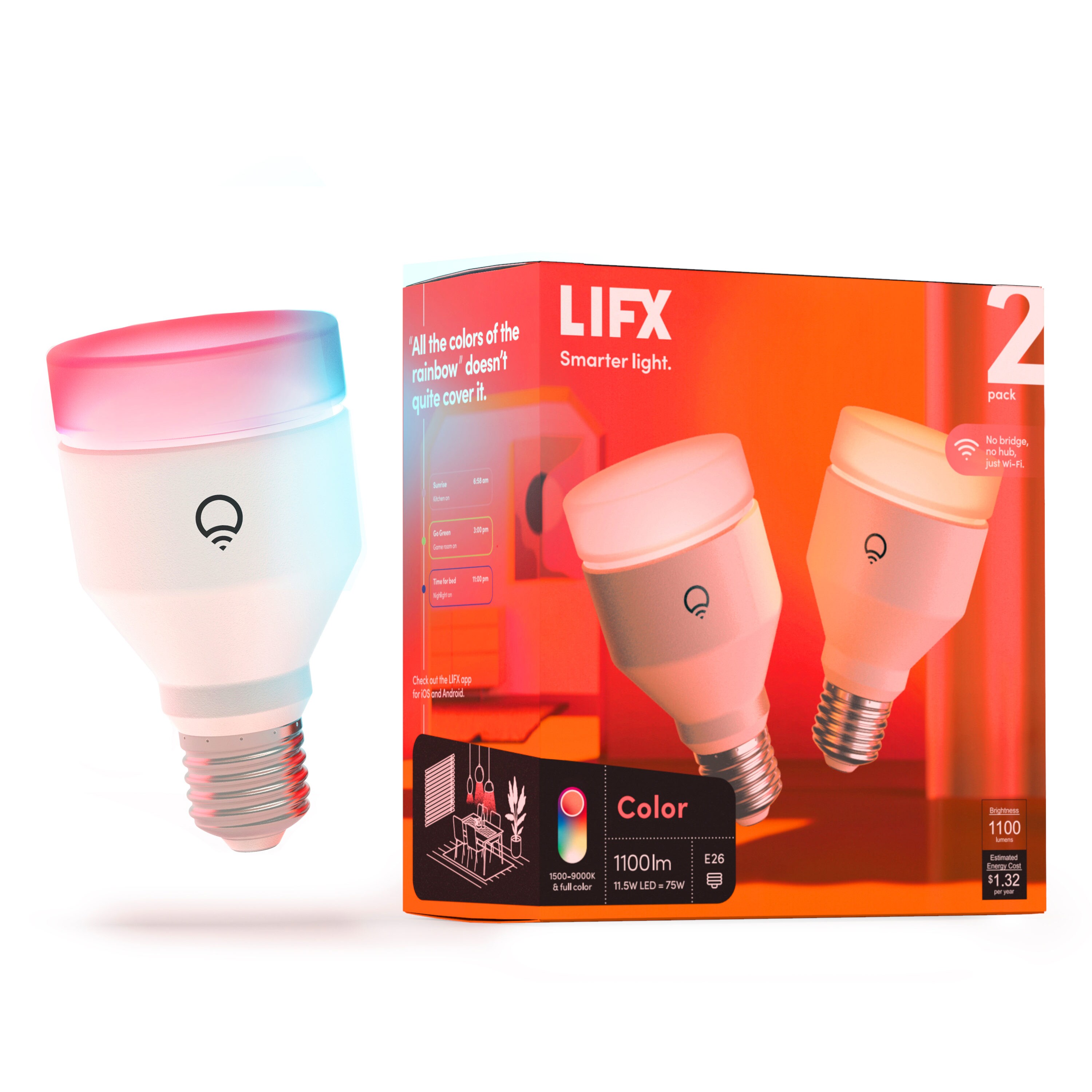 LIFX Color E26 1100lm Edison Screw 12-Watt EQ A19 Full Color Dimmable Smart LED Light Bulb (2-Pack) in Purpose LED Light Bulbs department at Lowes.com