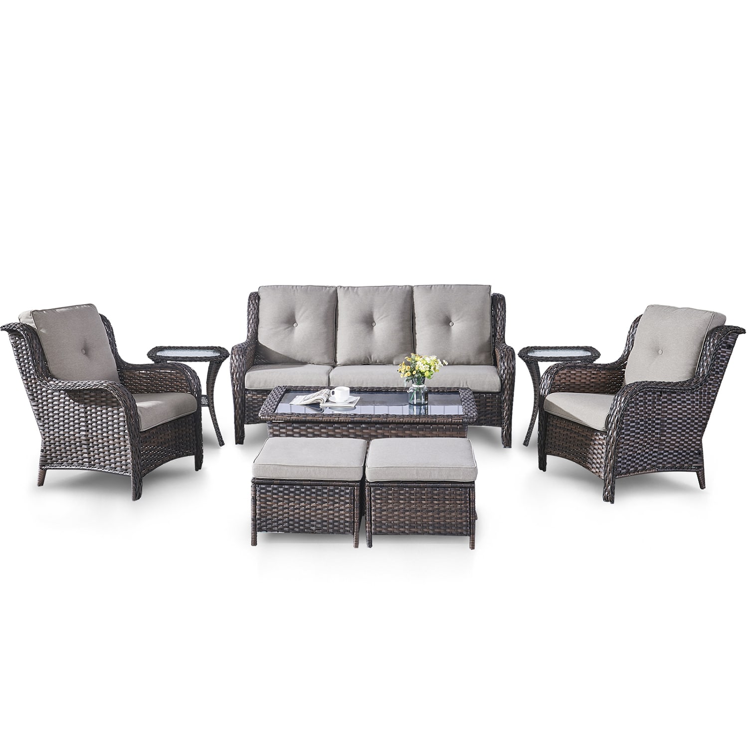 Rilyson FS1318025X2006014-3 Curved Handrail 8 -Piece Wicker Patio Sofa Conversation Set with Gray Cushions