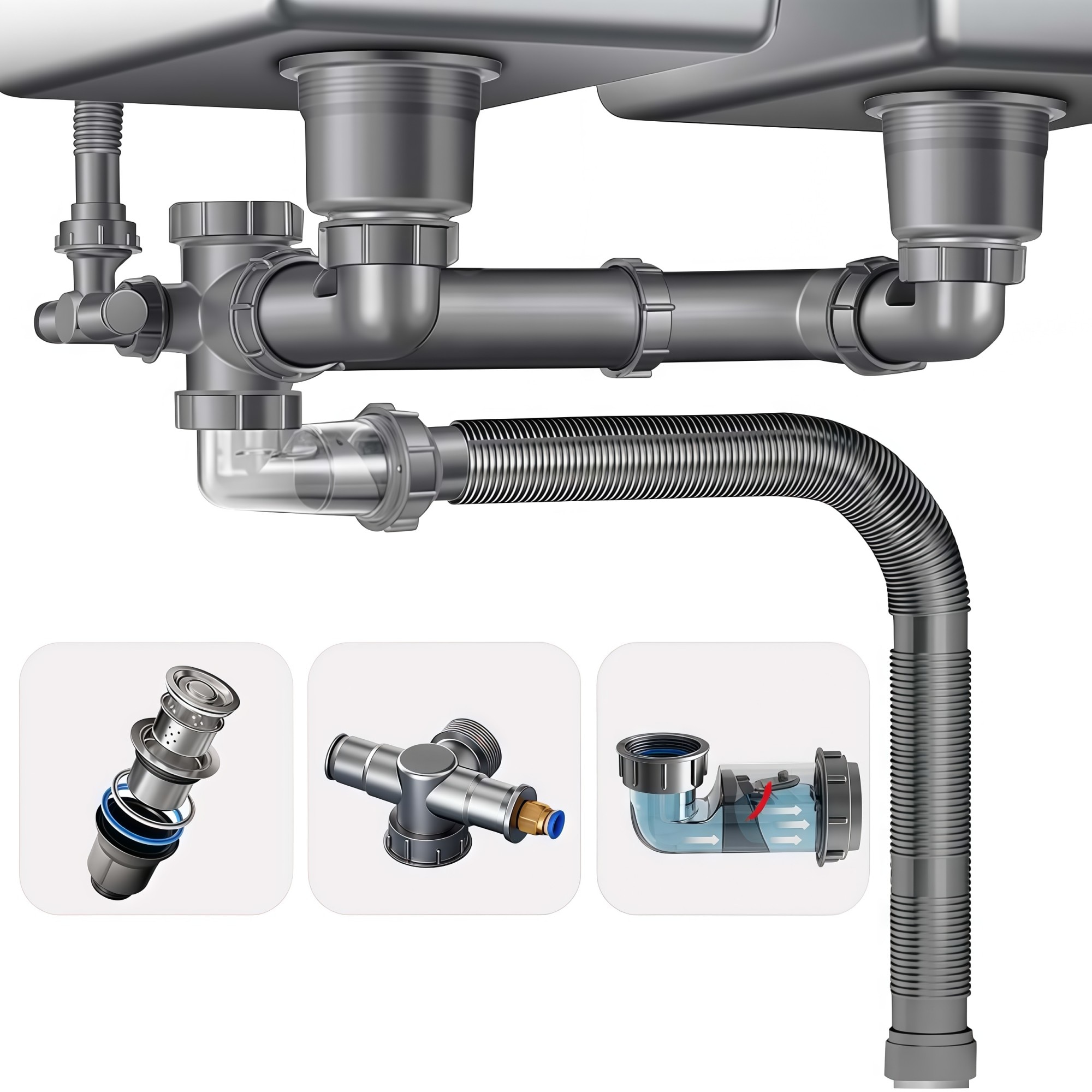 Numhew 19.68in L 4-Way Gray Double Sink Drain Kit Expandable Flexible 1.5in P-Trap Pipe with 3.5in Drain Assembly Adapter