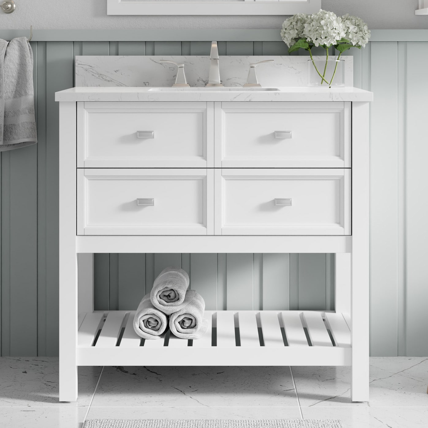 allen + roth canterbury 36-in white undermount single sink bathroom vanity  with carrara engineered marble top