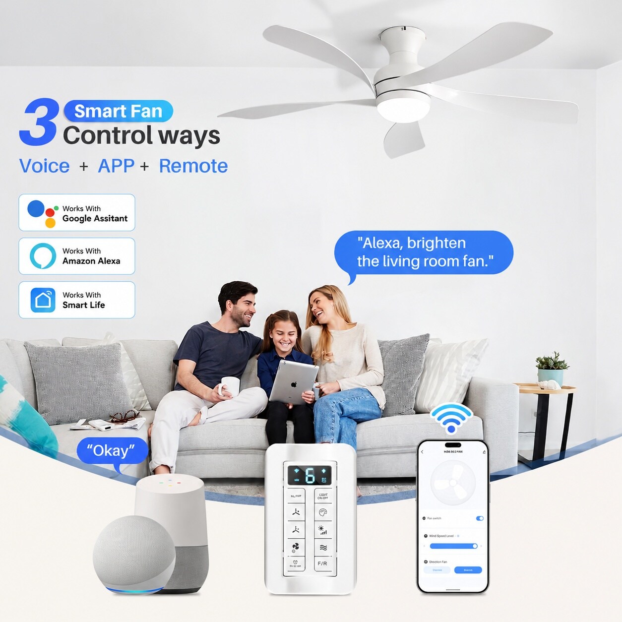 CYIKE Smart 52 Inch Low Profile Ceiling Fan with Lights and Remote ...