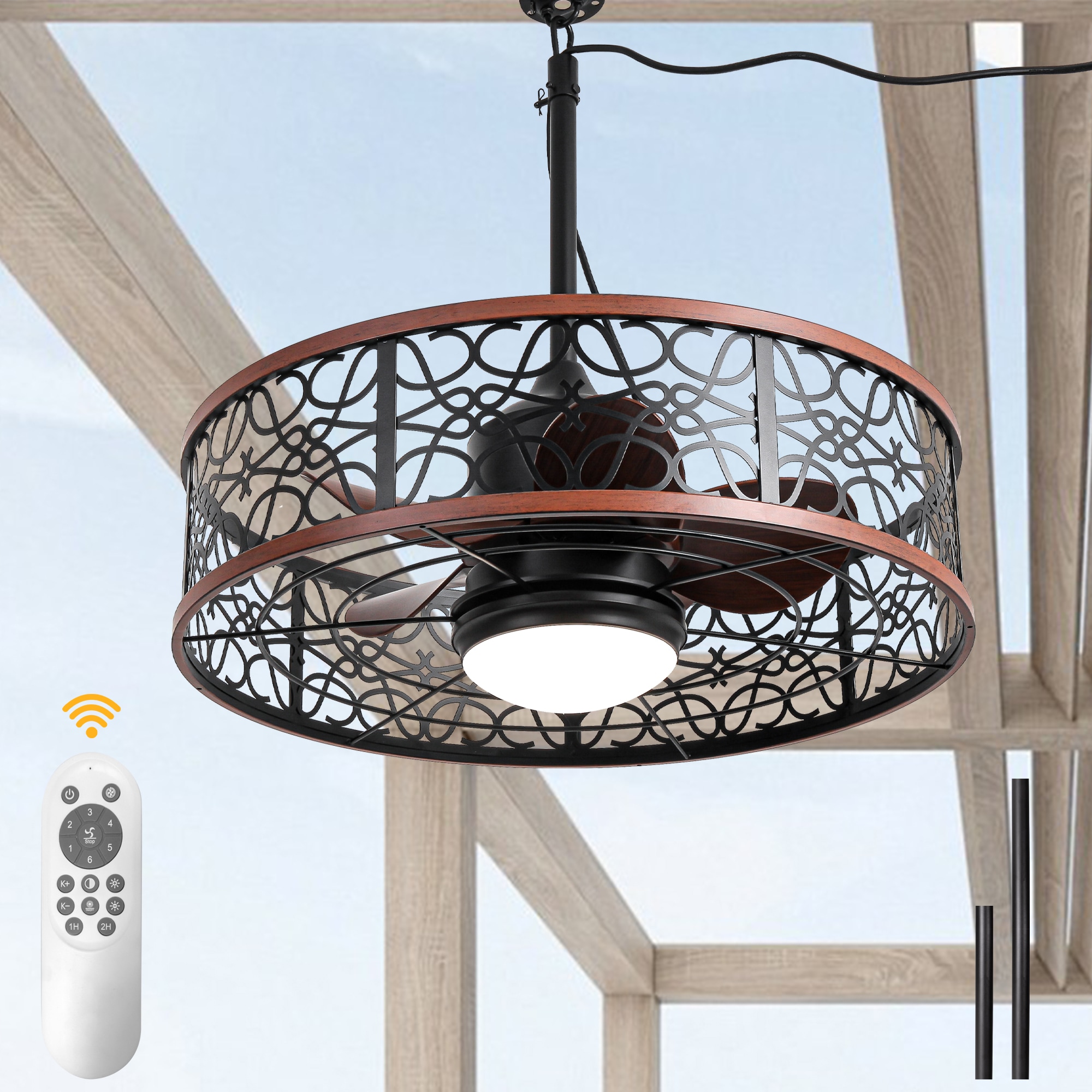 Oaks Decor Alcover 23.6-in Black with Black Blades LED Uncovered Outdoor Fandelier Ceiling Fan With Light 5 -Blade