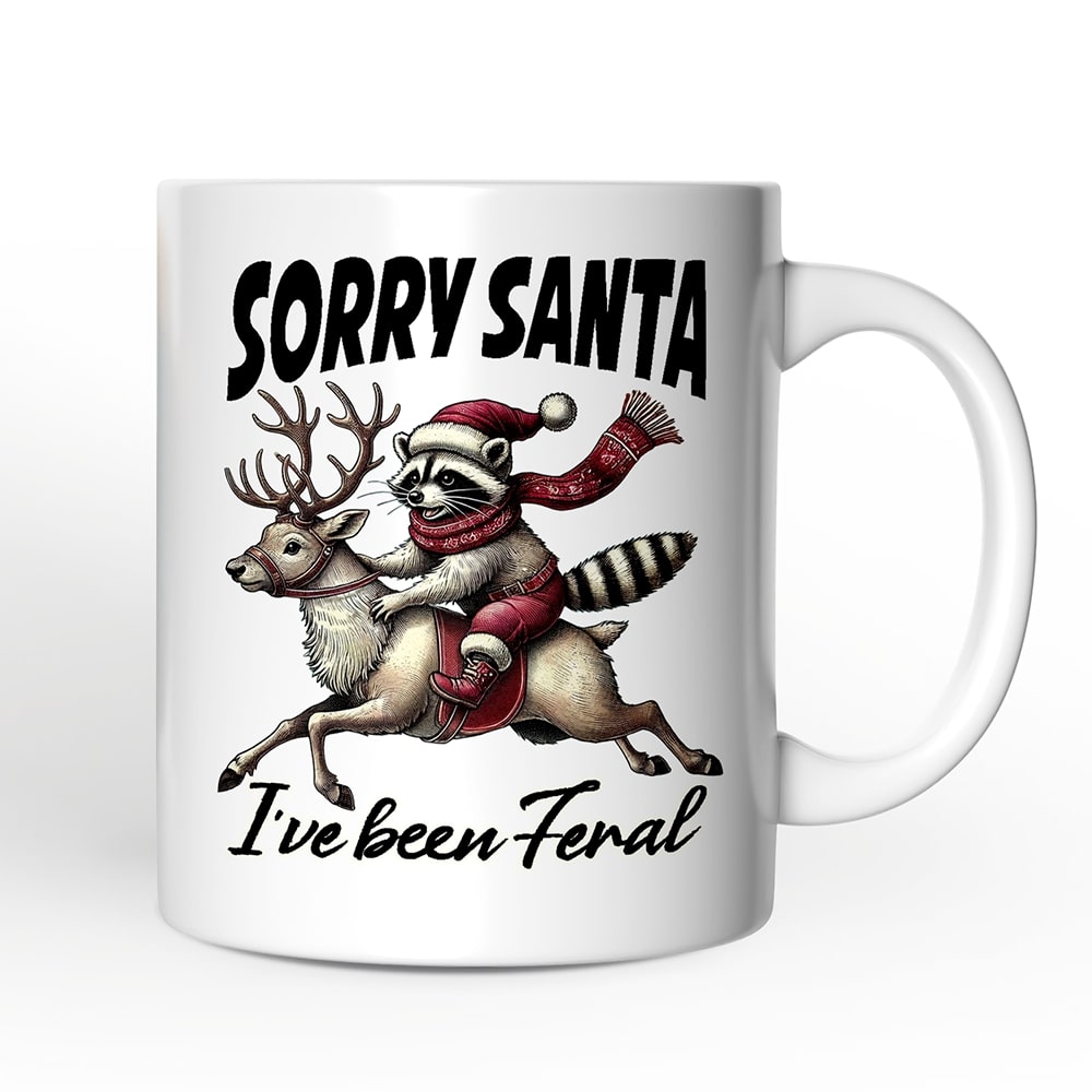 OrnamentallyYou NPCM146 Funny Reindeer and Racoon Christmas Mug Sorry Santa I Have Been Feral Gift