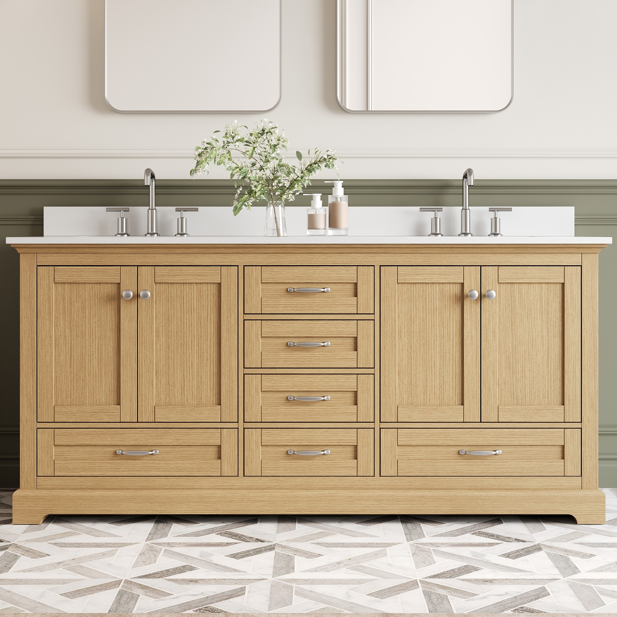 WELLFOR - YC Solid Wood Bathroom Vanities with Top 72-in Oak Brushed Nickel Handles Undermount Do...