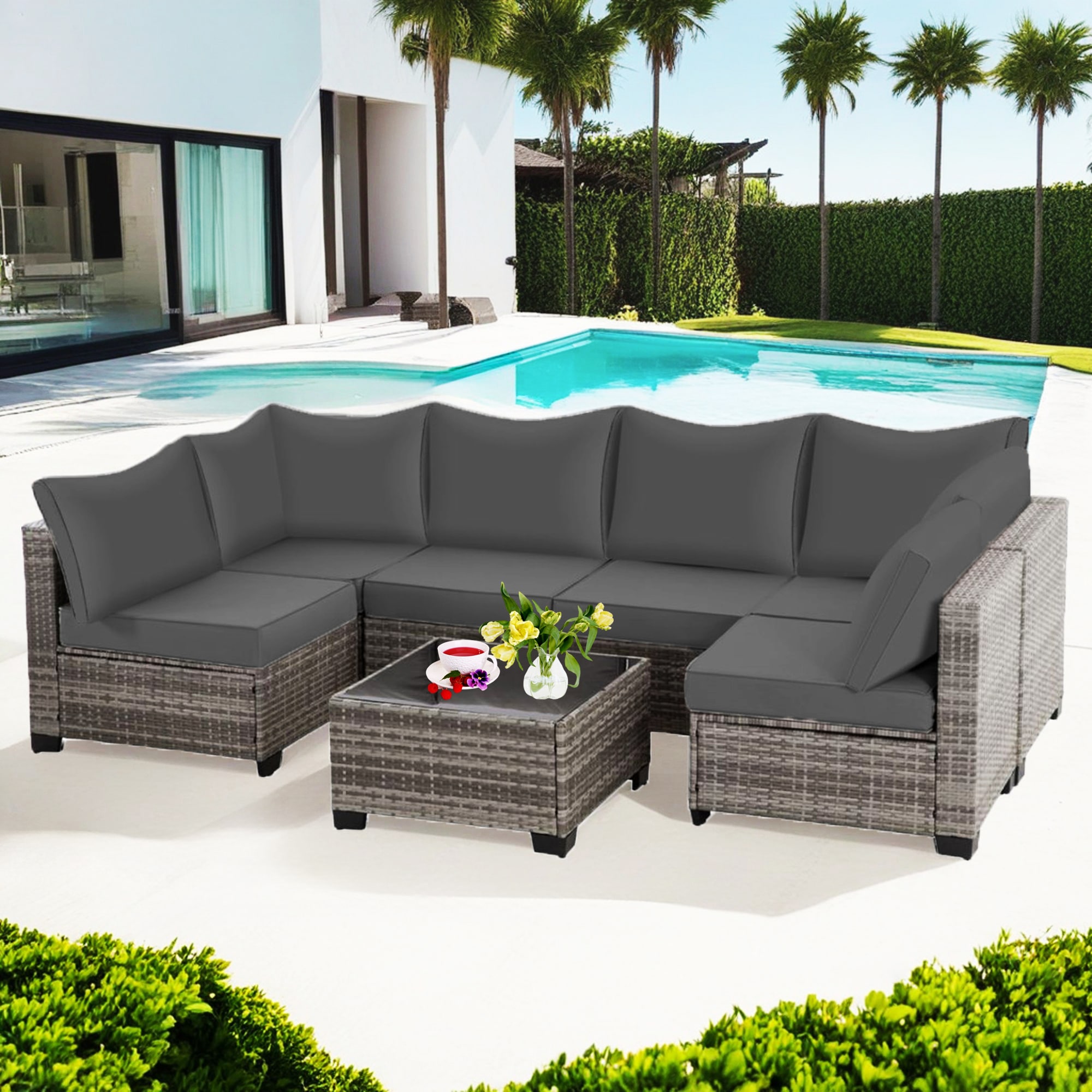 EarlGrove DJ-247003GYGY 7 -Piece Wicker Patio Conversation Set with Gray Cushions
