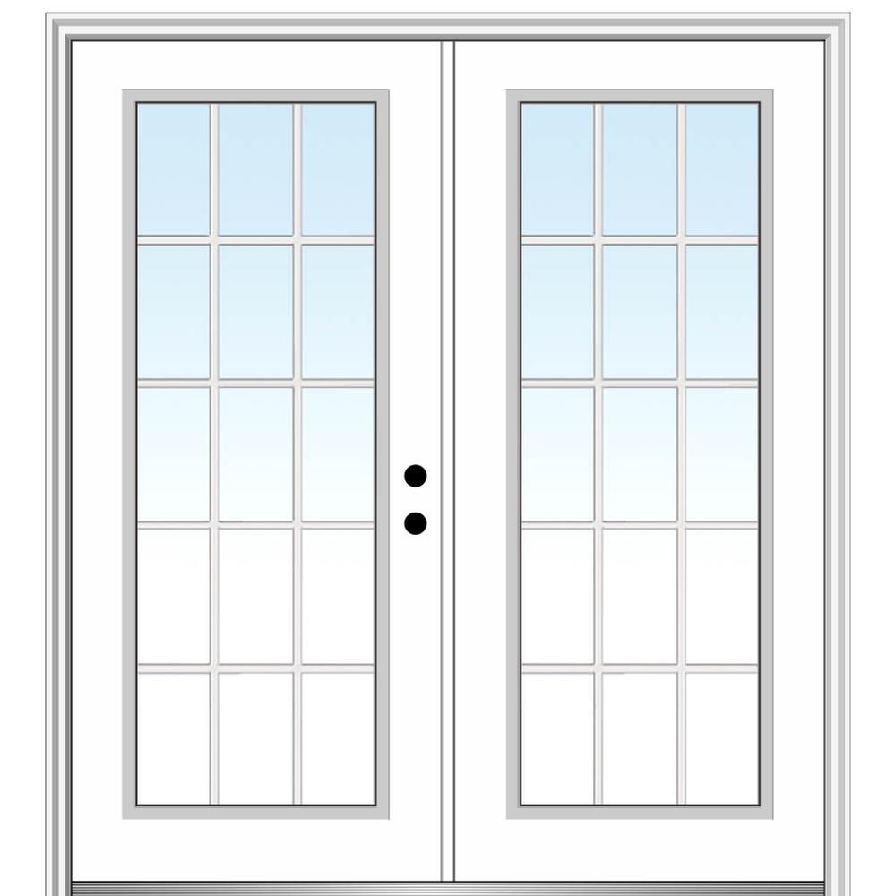 MMI DOOR ZZ29263L 64-in x 80-in x 6-9/16-in Fiberglass Full lite Left-hand inswing Primed Prehung Double Front Door with Brickmould Insulating core with Grilles