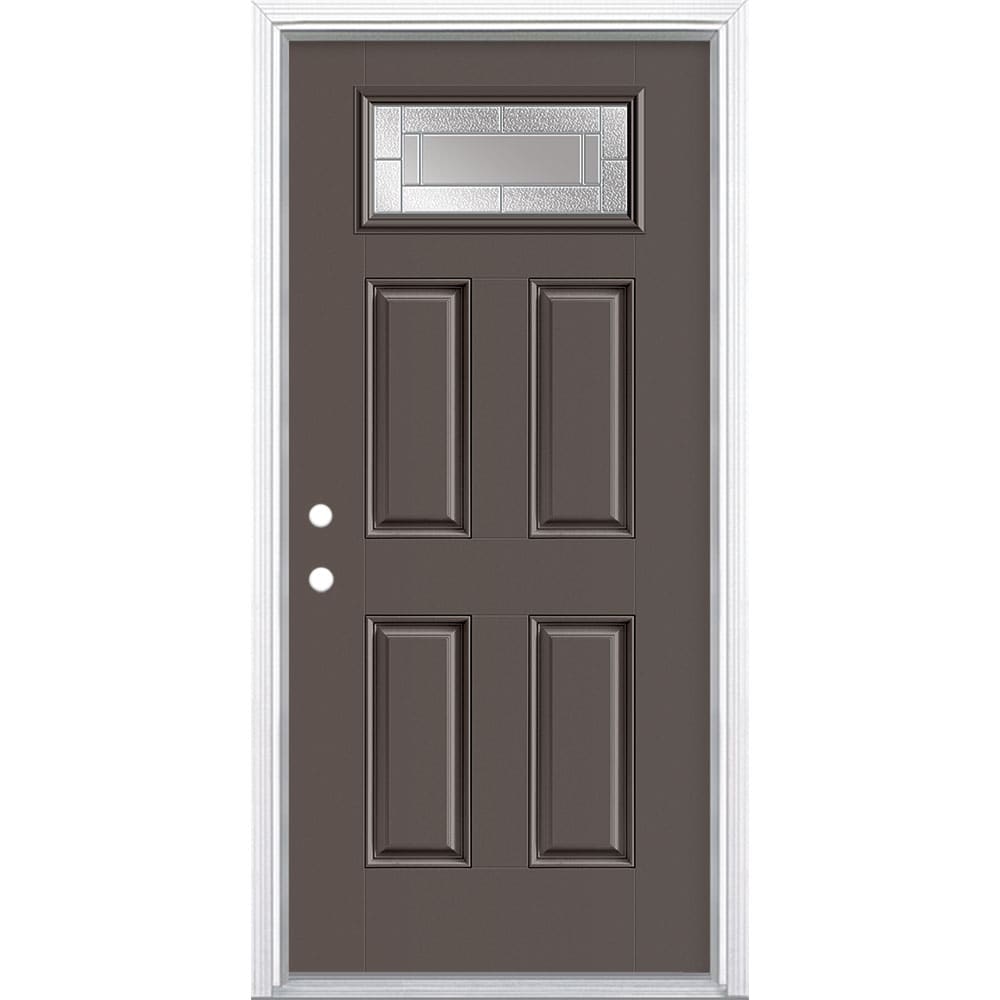 Masonite 3420028 Focus 36-in x 80-in x 4-9/16-in Fiberglass 1/4 lite Right-hand inswing Timber Gray Painted Prehung Front Door with Brickmould Insulating core