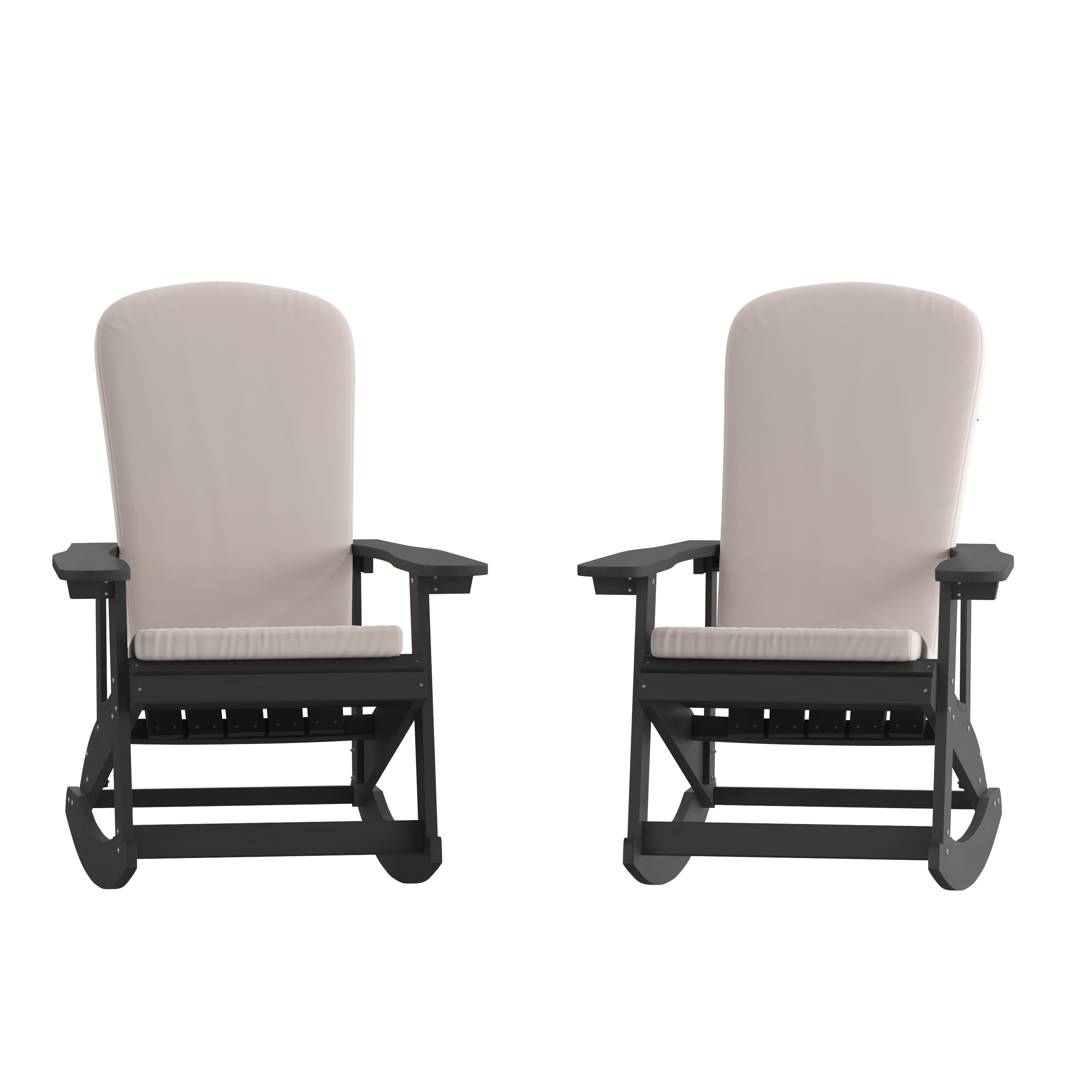 Flash Furniture 196861045288 Savannah Set of 2 All-Weather Poly Resin Wood Adirondack Rocking Chairs in Black with Cream Cushions for Deck; Porch; and Patio
