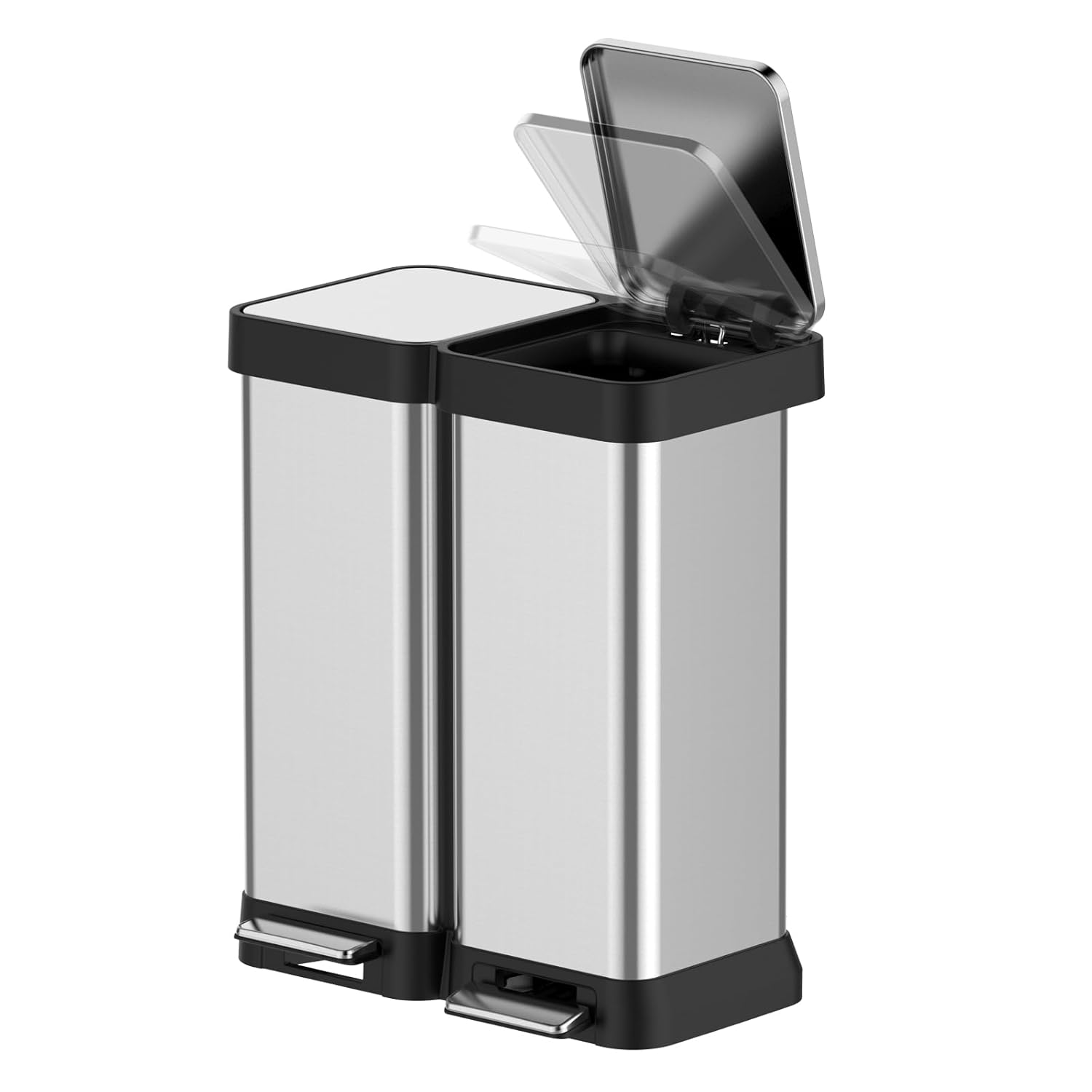 WhizMax JXNAG-PIS-00U4USYA Dual Trash Can Stainless Steel 2 x 8 Gal (2 x 30L) Garbage Can Double Steel Pedal Recycle Bin with Lid and Inner Buckets Rectangular Hands-Free Kitchen Trash Can