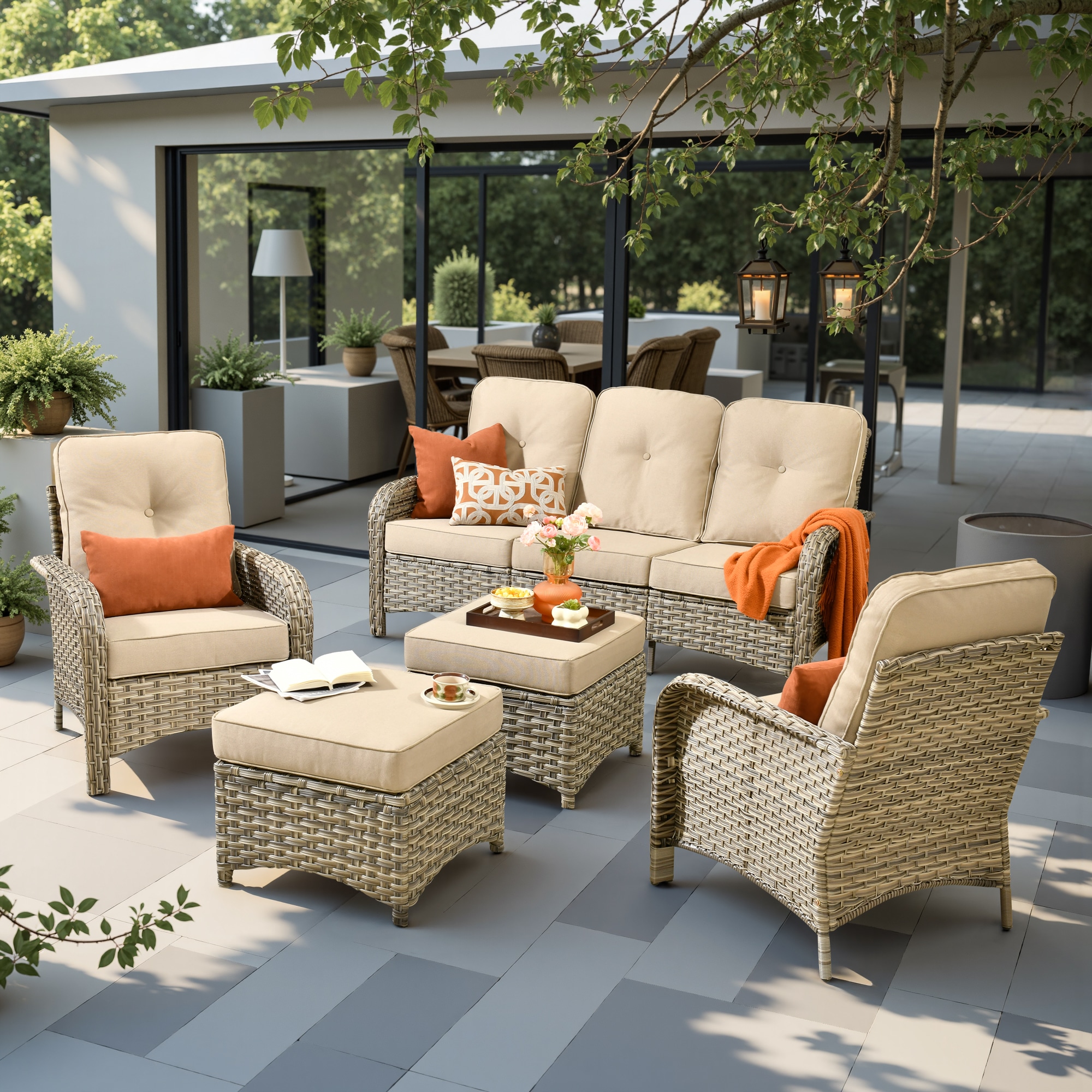 weaxty HMBVNC600S51 Belvoir 5 -Piece Wicker Patio Sofa Conversation Set with Off-white Cushions
