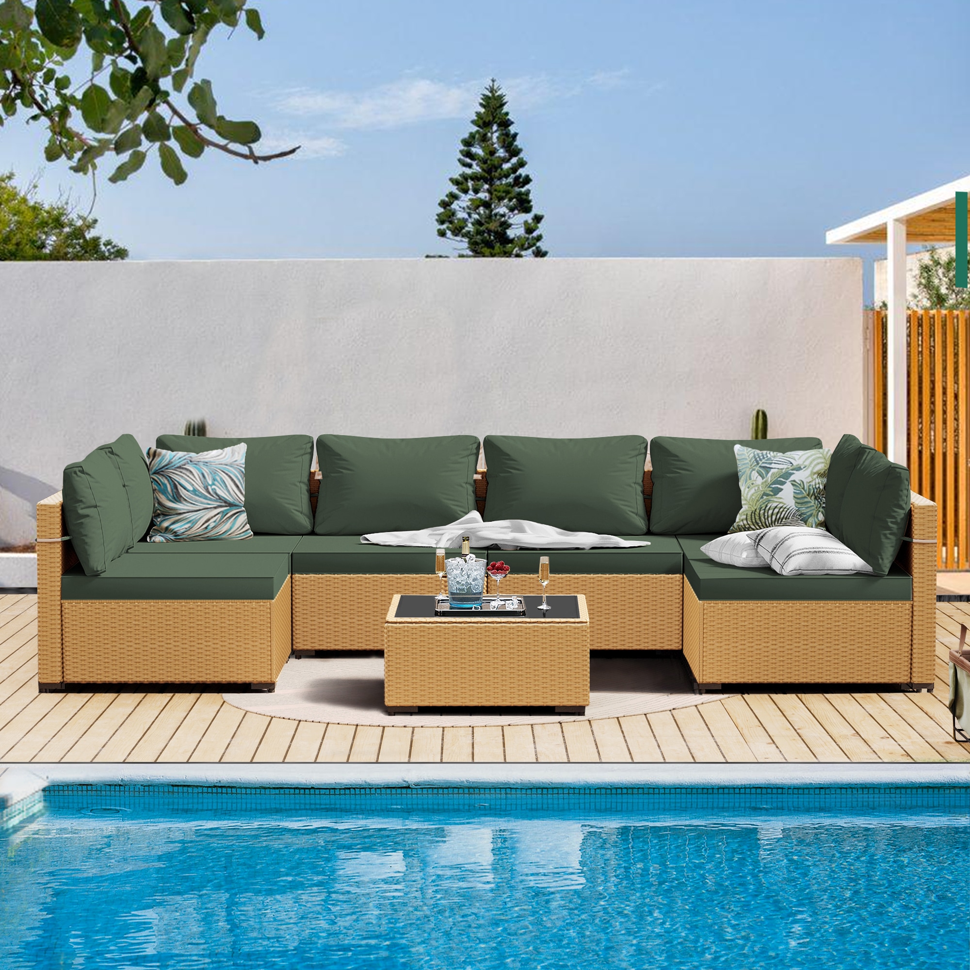 Patio Watcher RT-OD7-Y8-3 7 -Piece Rattan Patio Sofa Conversation Set with Green Cushions
