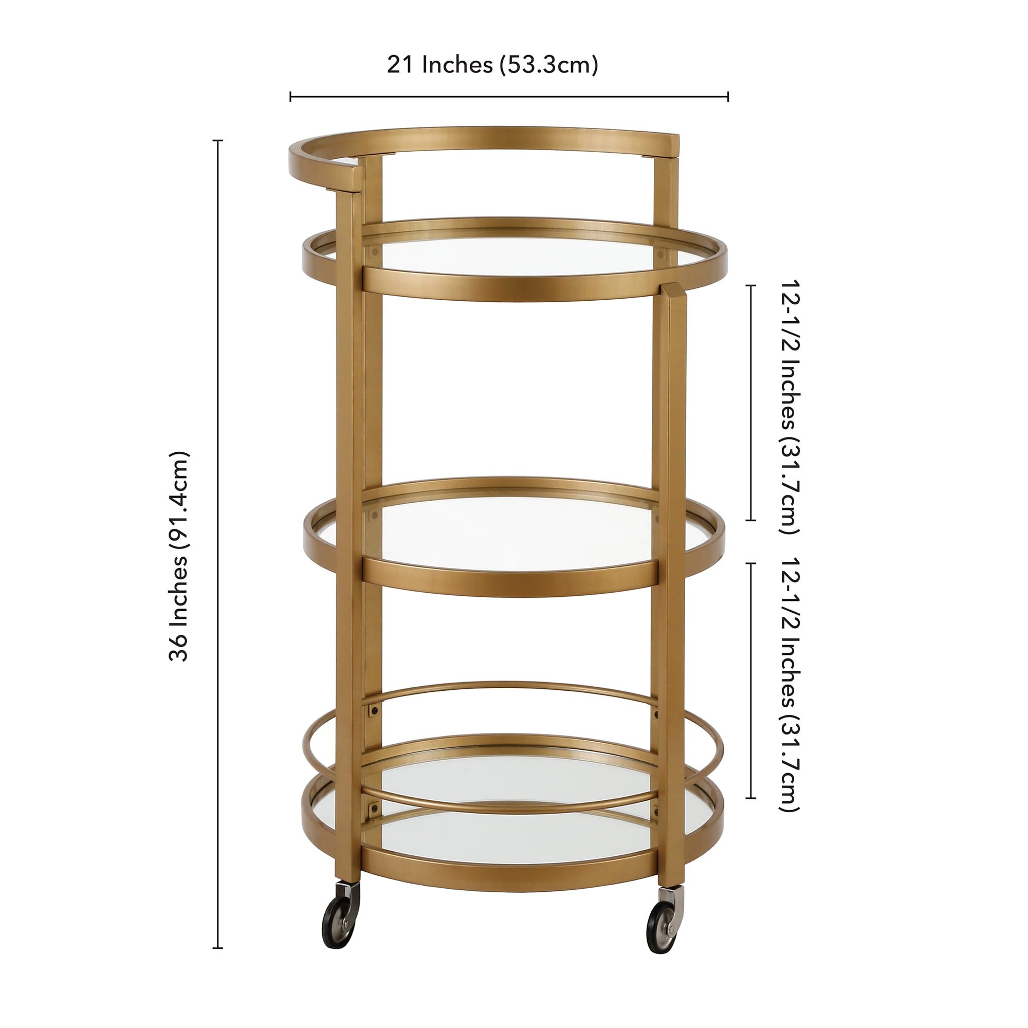 Hause 21" Round Brass and Glass Bar Cart with Storage