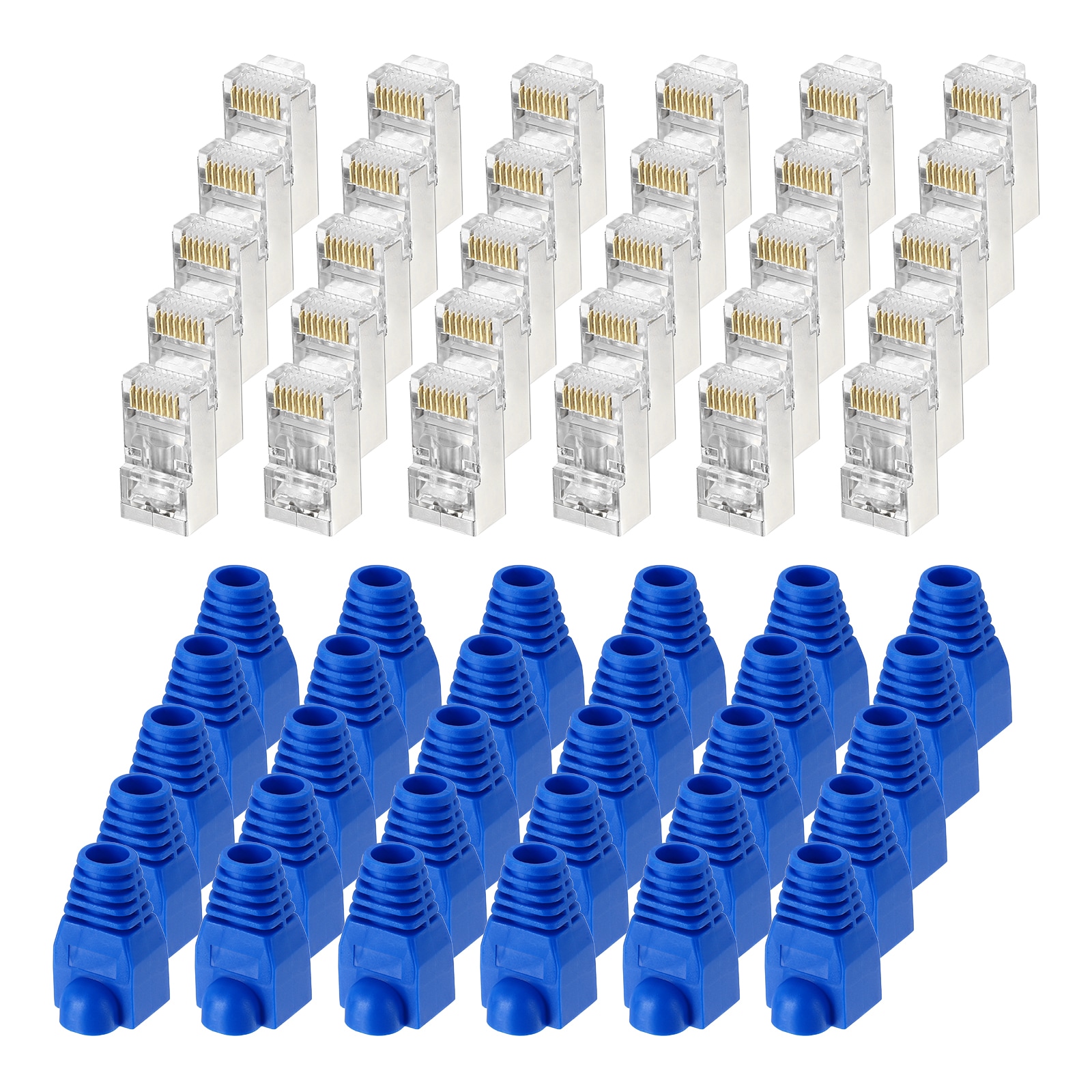 Unique Bargains 50pcs CAT6 RJ45 Pass Through Connectors RJ45 STP/FTP 8P8C Gold Plated Plugs with 50pcs Blue Strain Relief Boots for 24-26AWG Ethernet Cable