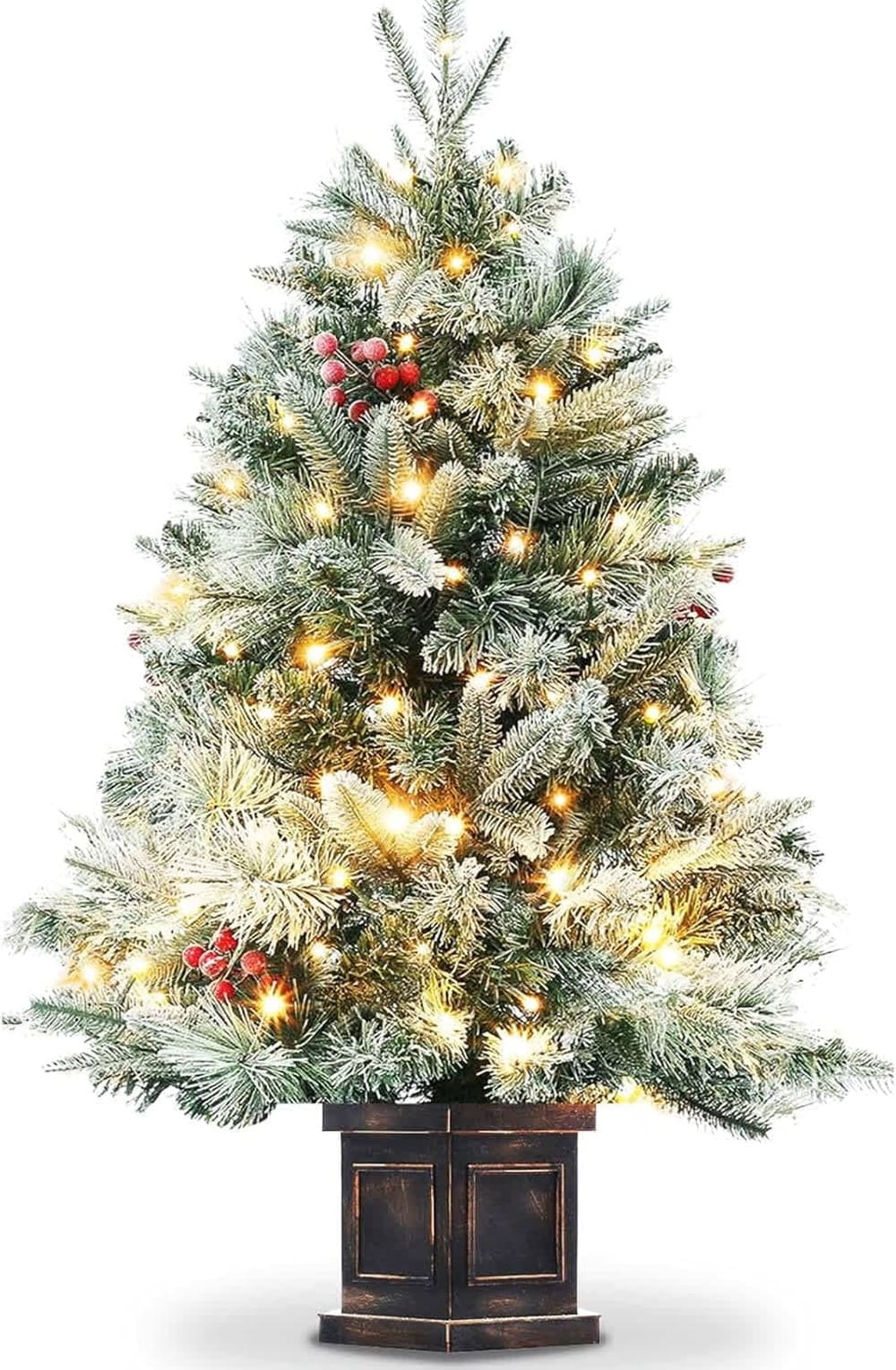 GAOMON 3ft Pre-Lit Snow Flocked Mini Christmas Tree- 78 LED Lights Frosted Hinged Small Xmas Tree for Indoor Home Desktop Holiday Porch Decoration