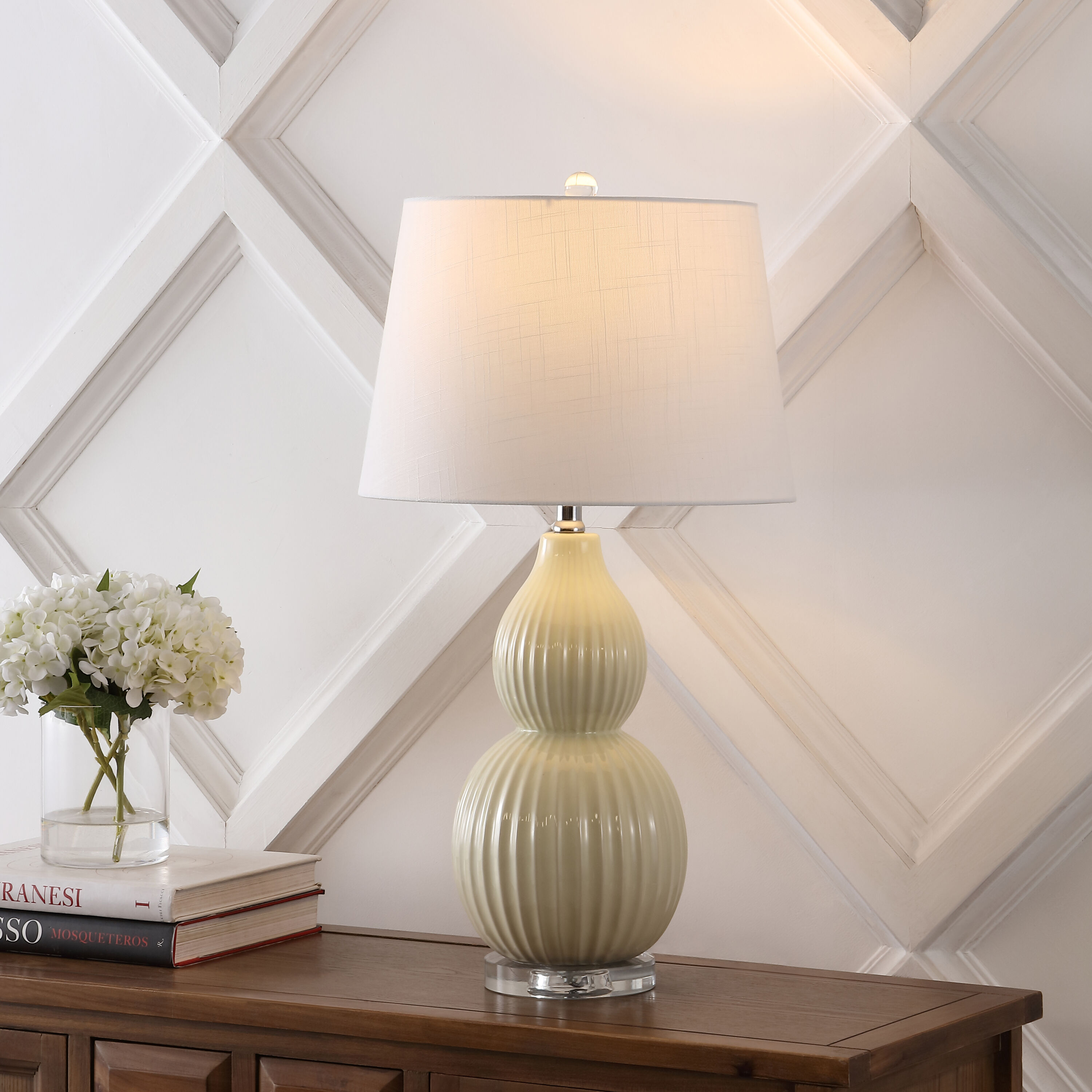 LED Small Ceramic Table Lamp With White Light, Wooden Shade And