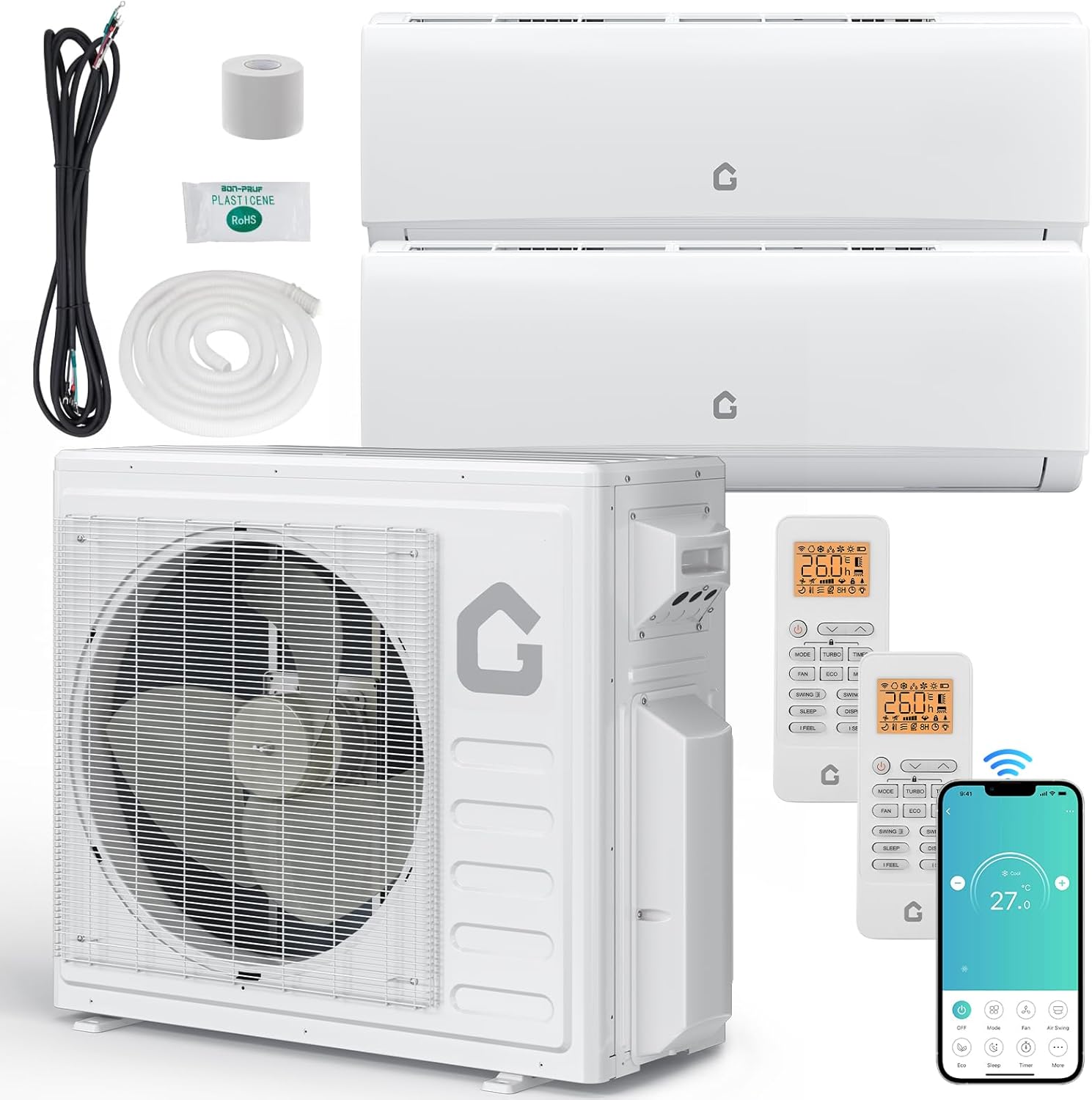 Garvee 28K BTU Dual Zone Mini Split AC Heating System 20 SEER2 9000 and 12000 BTU Wifi Ductless 2 Zone Wall Mounted Mini Split Air Conditioner No Copper Tube Line Set Included 208 to 230V