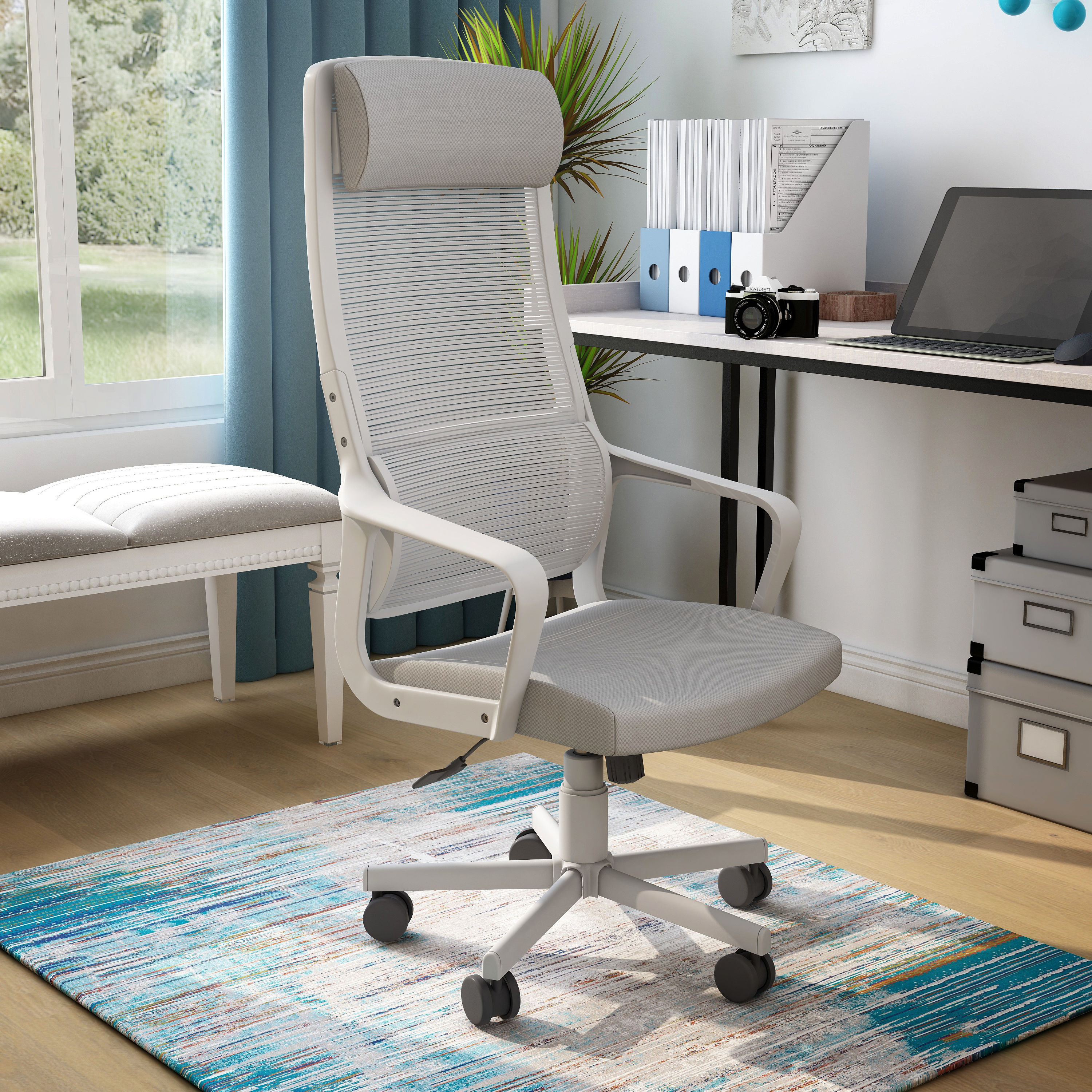 Furniture of America IDF-6030-GY Schmid Gray Contemporary Ergonomic Adjustable Height Swivel Polyester Headrest Chair