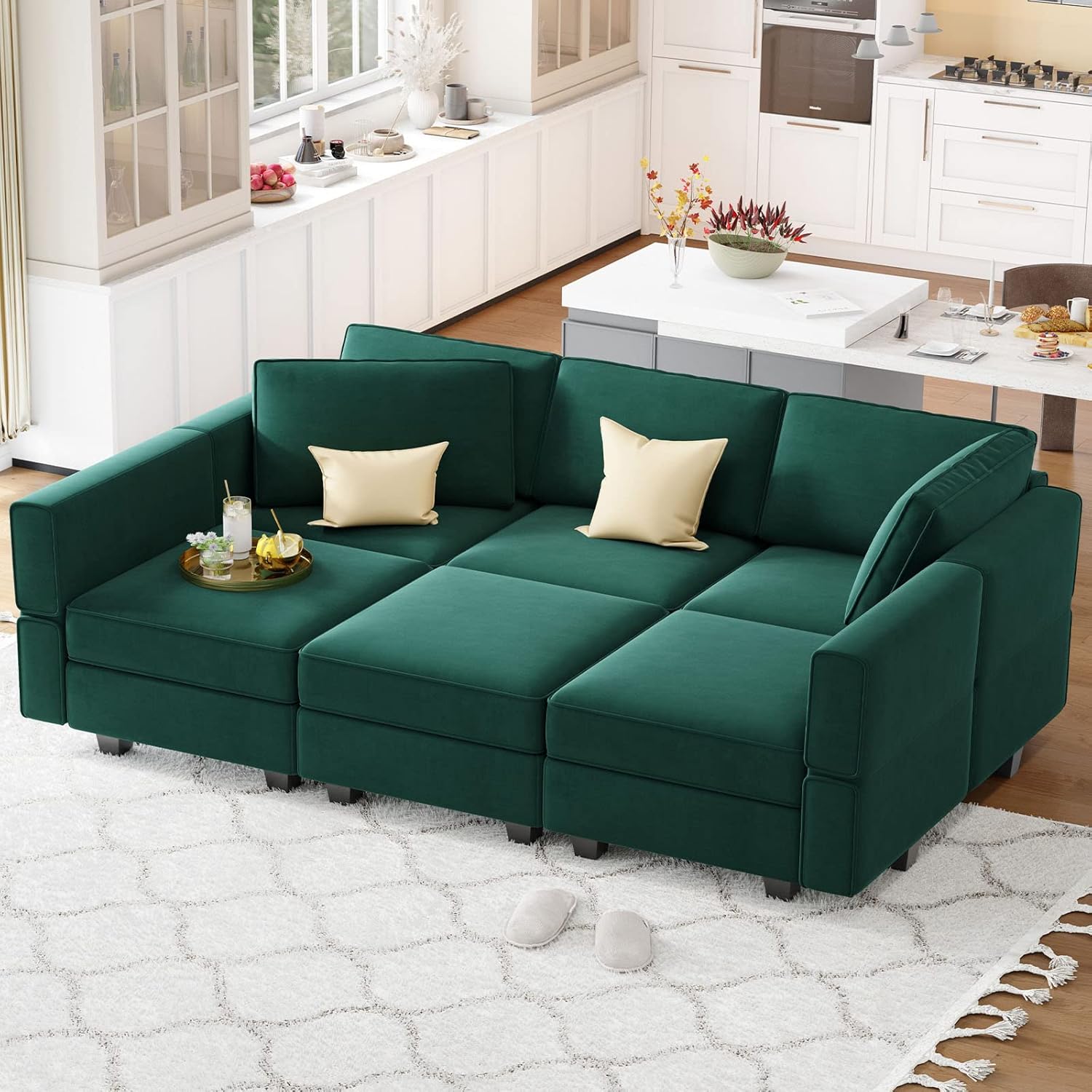 Belffin BF196-A5BC-GREEN 6 Seats + 7 Sides Modular Velvet Sleeper Sofa with Storage Seat