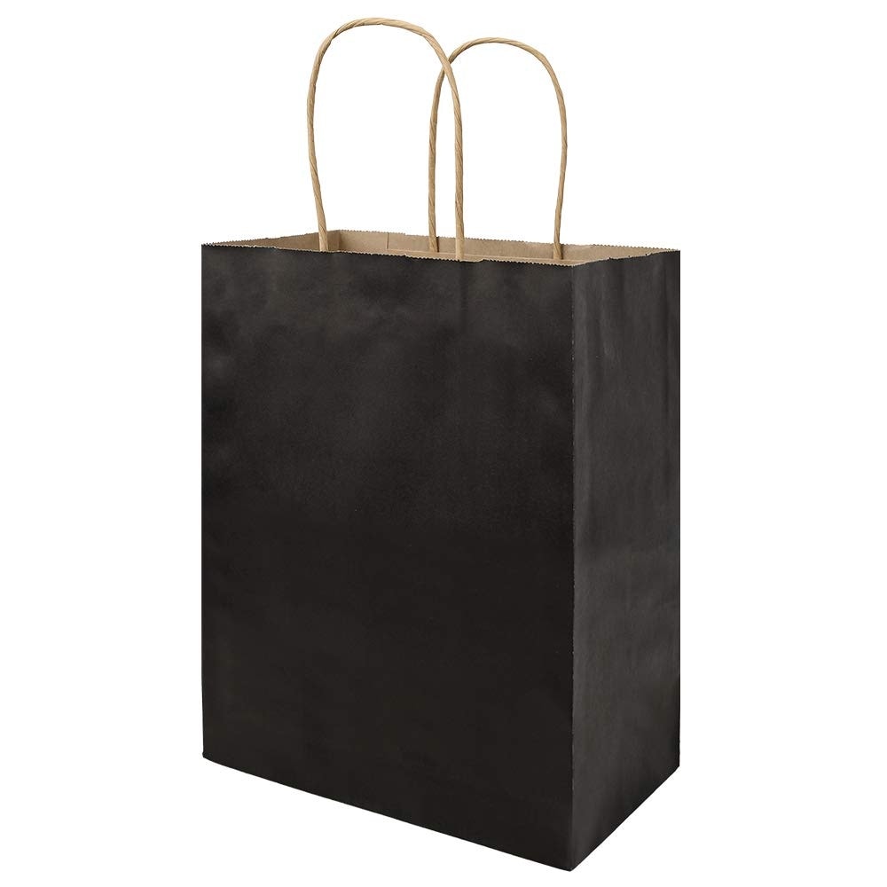 Afoxsos 100 pack medium black kraft paper bags with handles 8 inch by 4 75 inch by 10 inch eco friendly gift shopping retail party favor wedding #L05AF08026