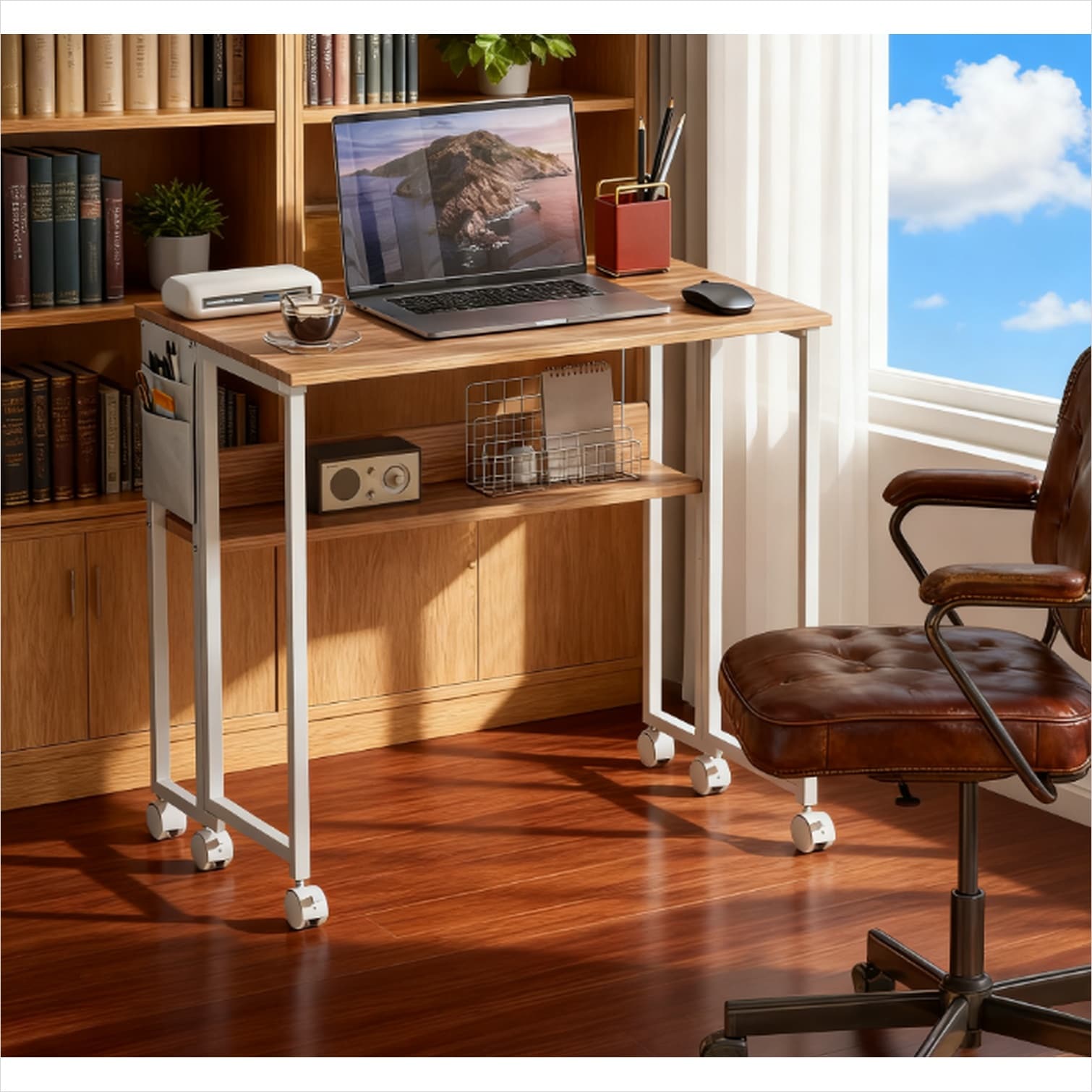SunJet Clean White and Natural Wood Executive Desk with Foldable Drop ...